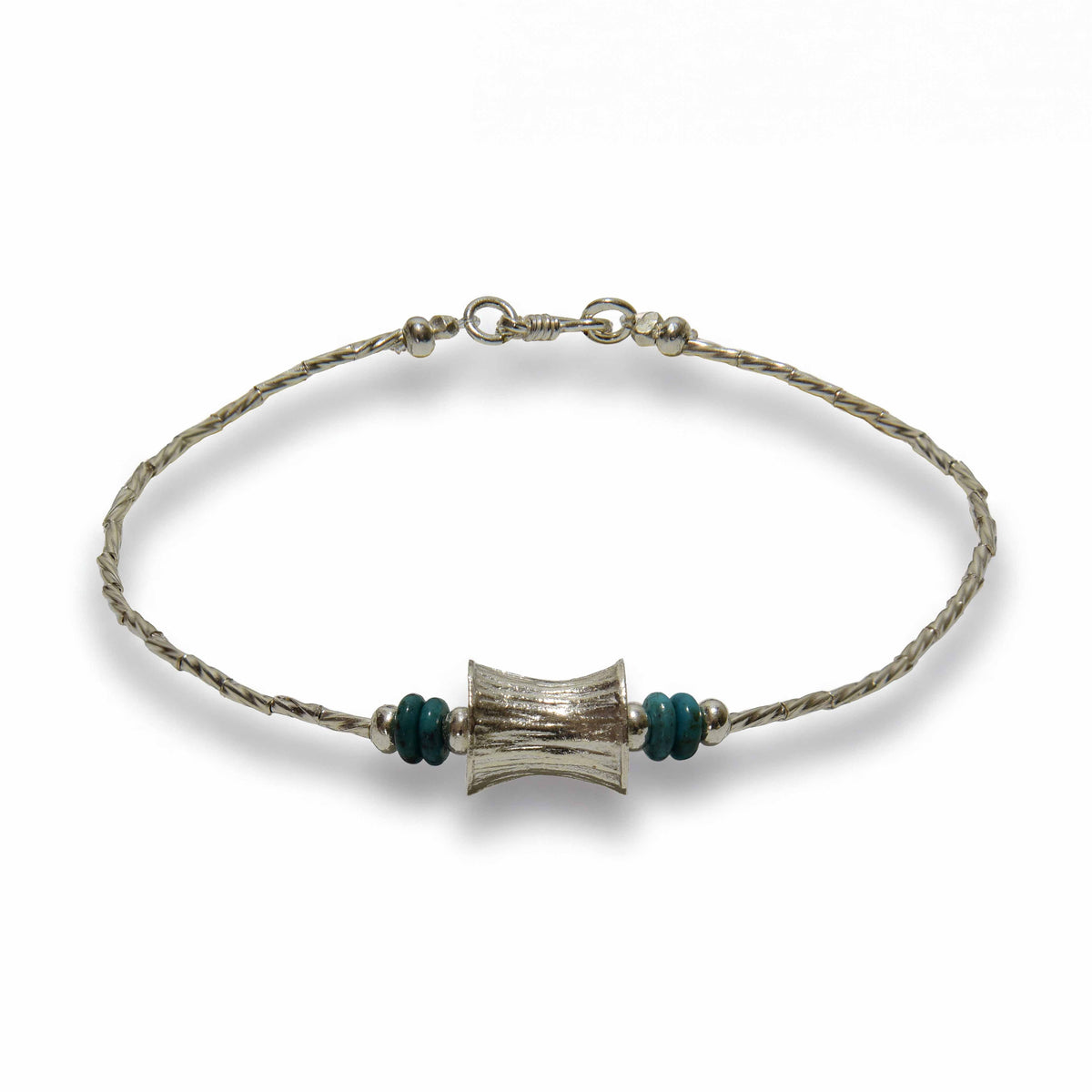 Handcrafted 98% Fine Karen Hill Tribe Twisted Silver Turquoise Hourglass Anklet - Handmade Jewelry from Chiang Mai Thailand - Lalanna Design