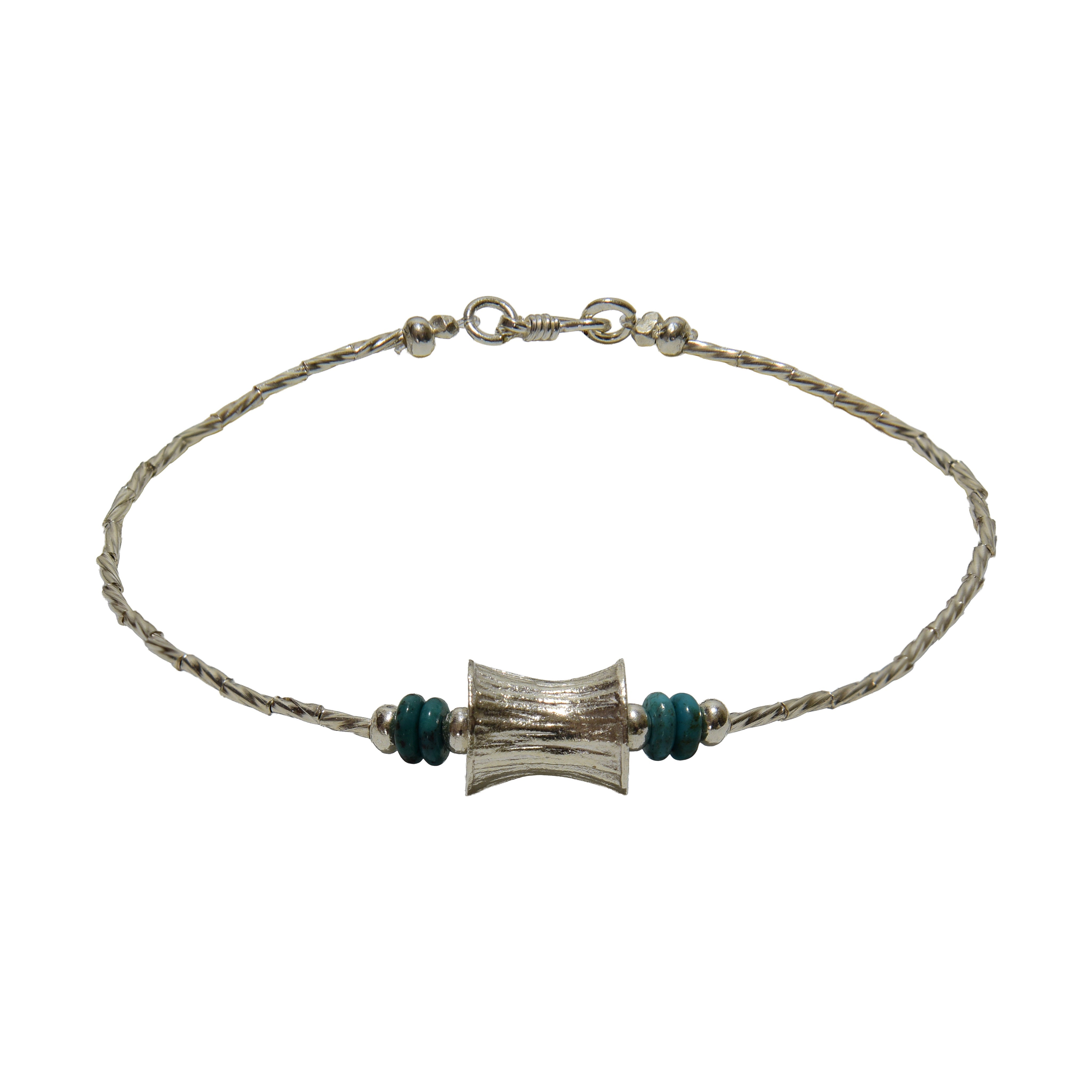 Handcrafted 98% Fine Karen Hill Tribe Twisted Silver Turquoise Hourglass Anklet - Handmade Jewelry from Chiang Mai Thailand - Lalanna Design