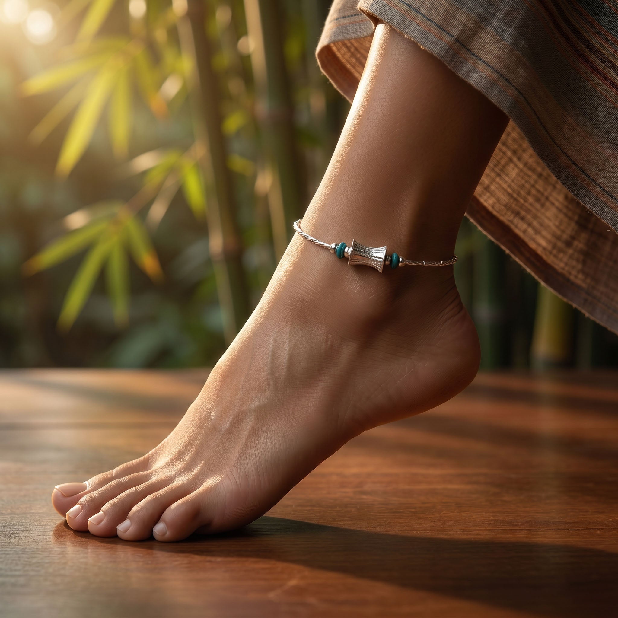 Handcrafted 98% Fine Karen Hill Tribe Twisted Silver Turquoise Hourglass Anklet - Handmade Jewelry from Chiang Mai Thailand - Lalanna Design