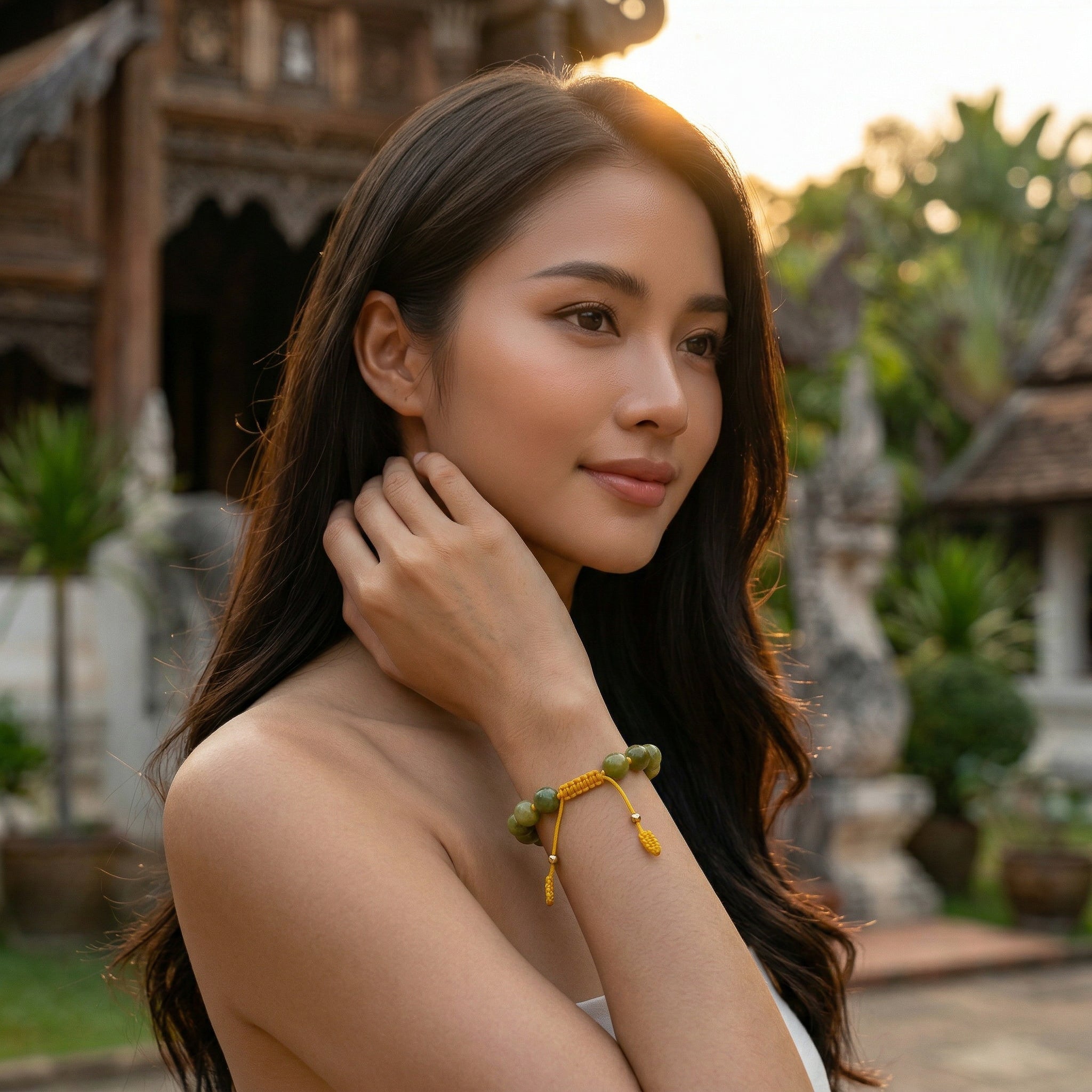 Handcrafted Adjustable Green Jade Bracelet with Knotted Cord from Chiang Mai Thailand - Lalanna Design