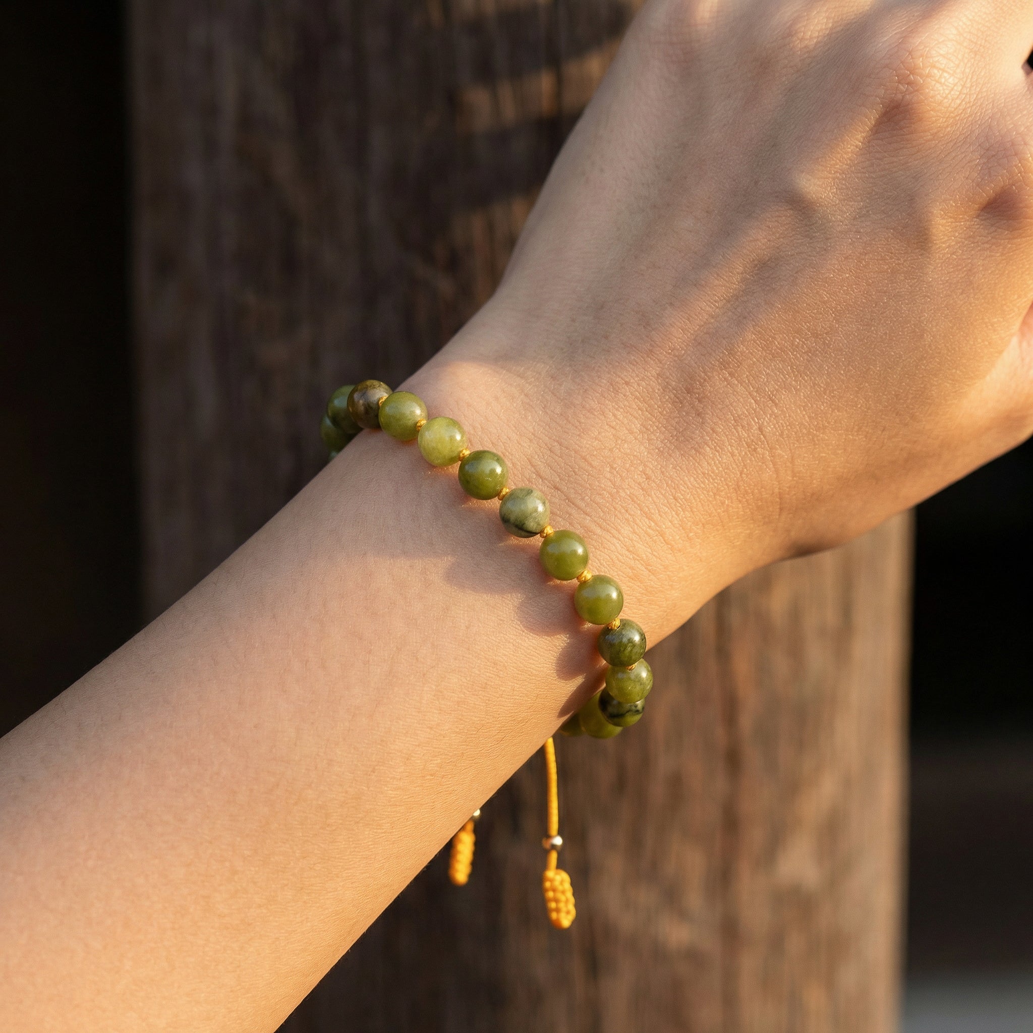 Handcrafted Adjustable Green Jade Bracelet with Knotted Cord from Chiang Mai Thailand - Lalanna Design