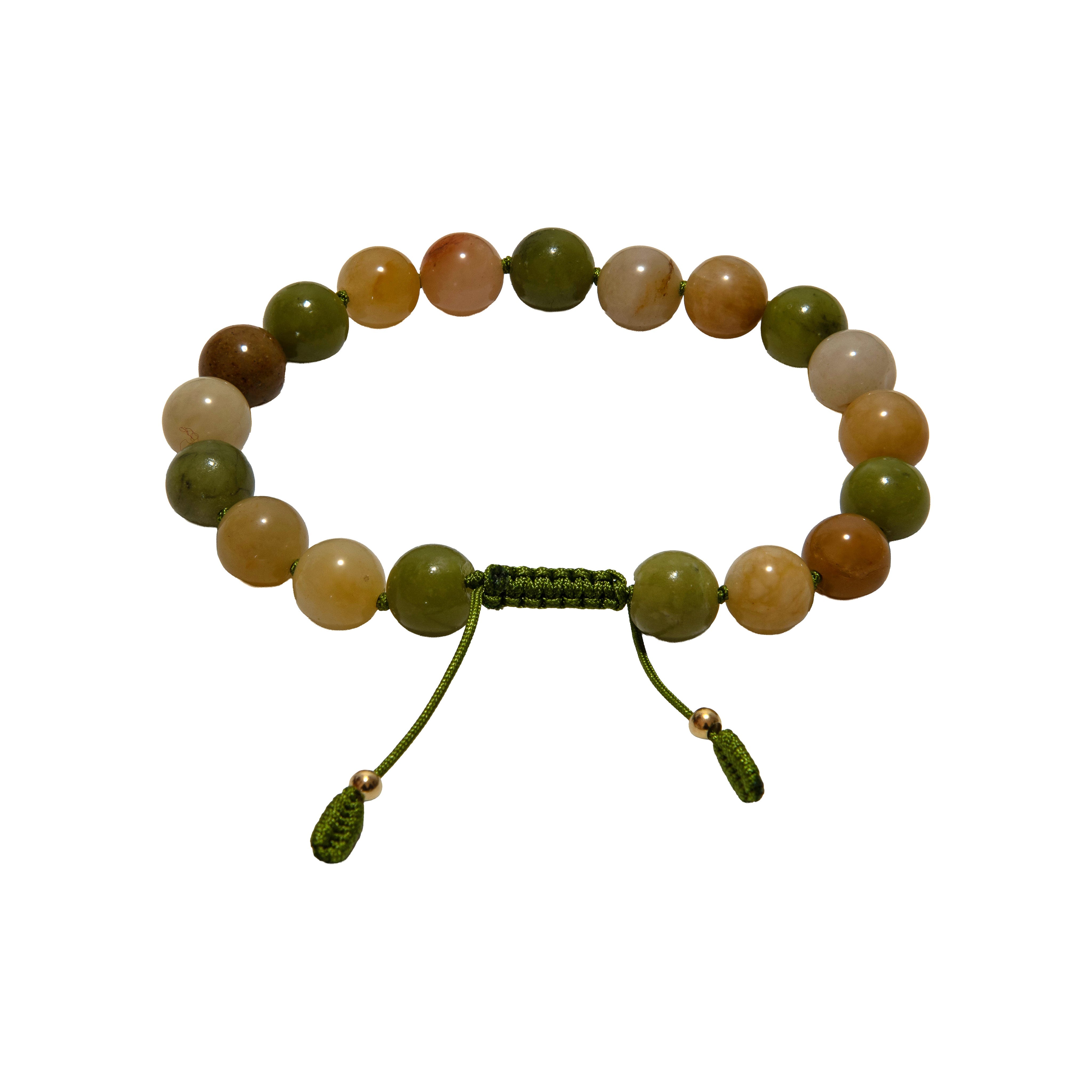 Handcrafted Adjustable Green-Yellow Jade Bracelet with Knotted Cord from Chiang Mai Thailand - Lalanna Design