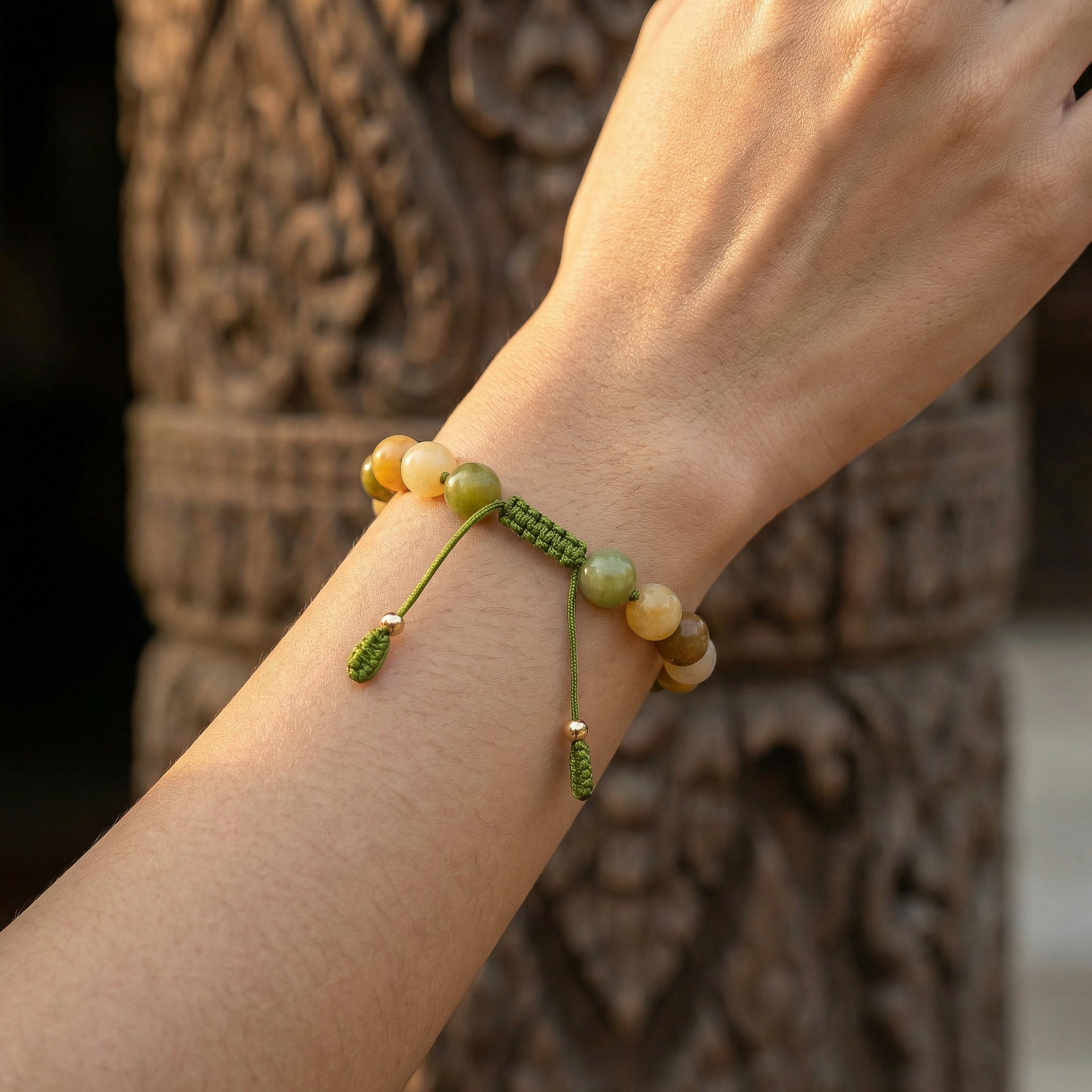 Handcrafted Adjustable Green-Yellow Jade Bracelet with Knotted Cord from Chiang Mai Thailand - Lalanna Design