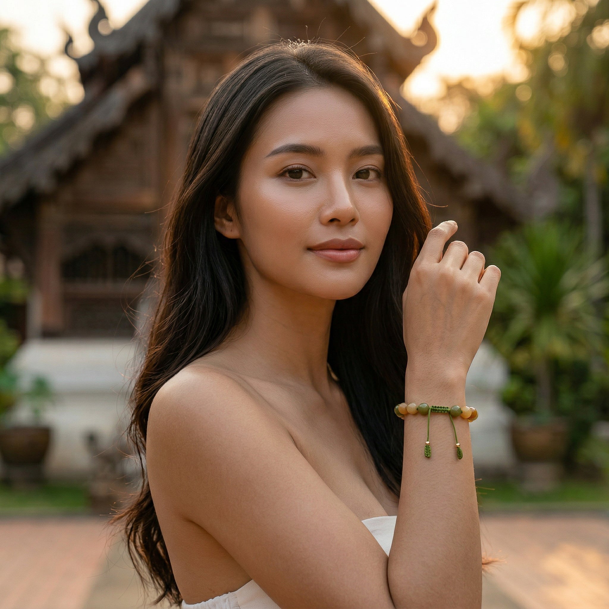 Handcrafted Adjustable Green-Yellow Jade Bracelet with Knotted Cord from Chiang Mai Thailand - Lalanna Design