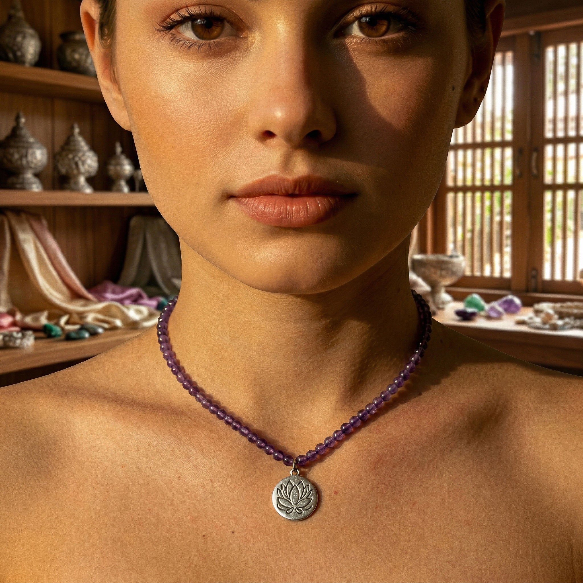 Handcrafted Amethyst Necklace with Silver Lotus Pendant from Chiang Mai Thailand - Lalanna Design