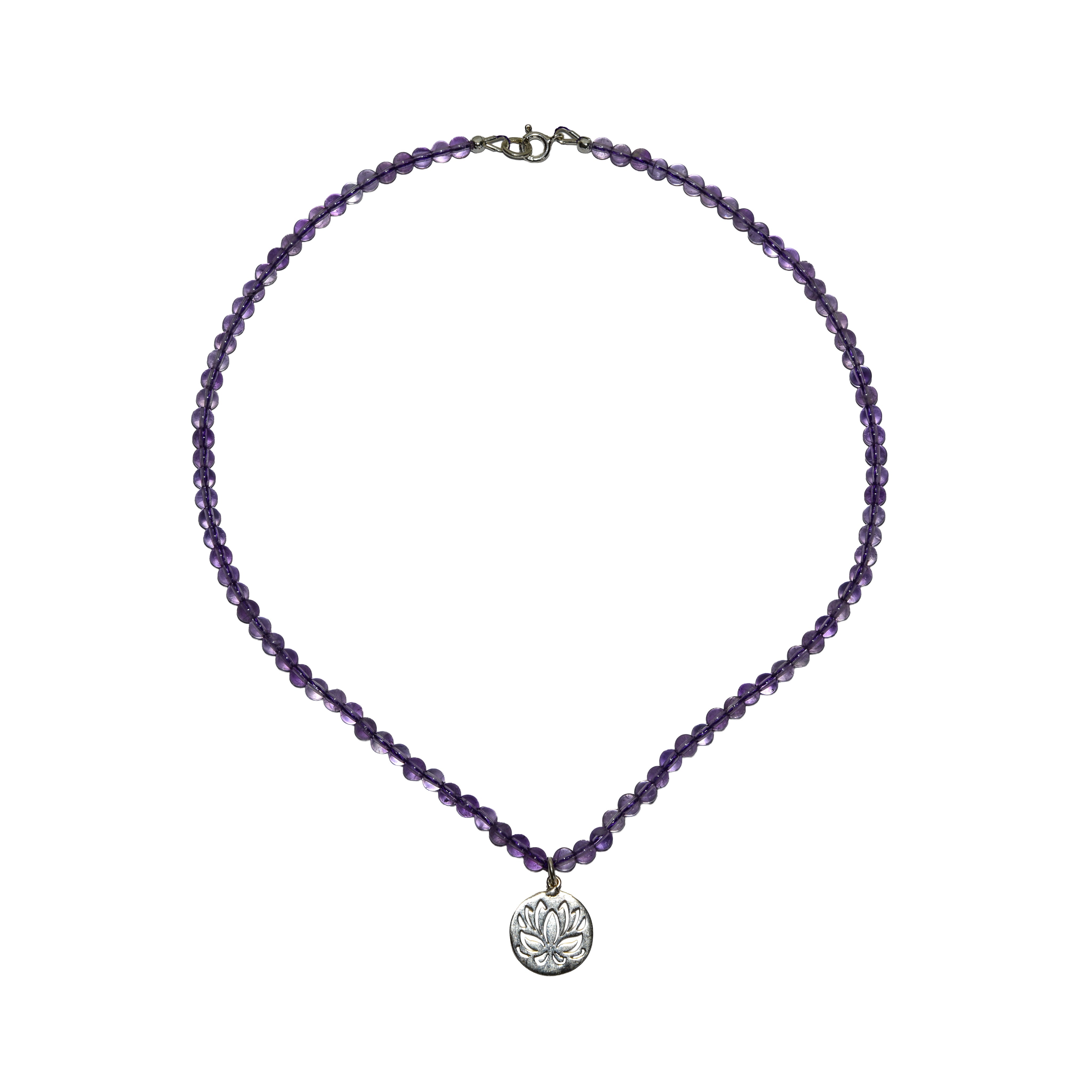 Handcrafted Amethyst Necklace with Silver Lotus Pendant from Chiang Mai Thailand - Lalanna Design