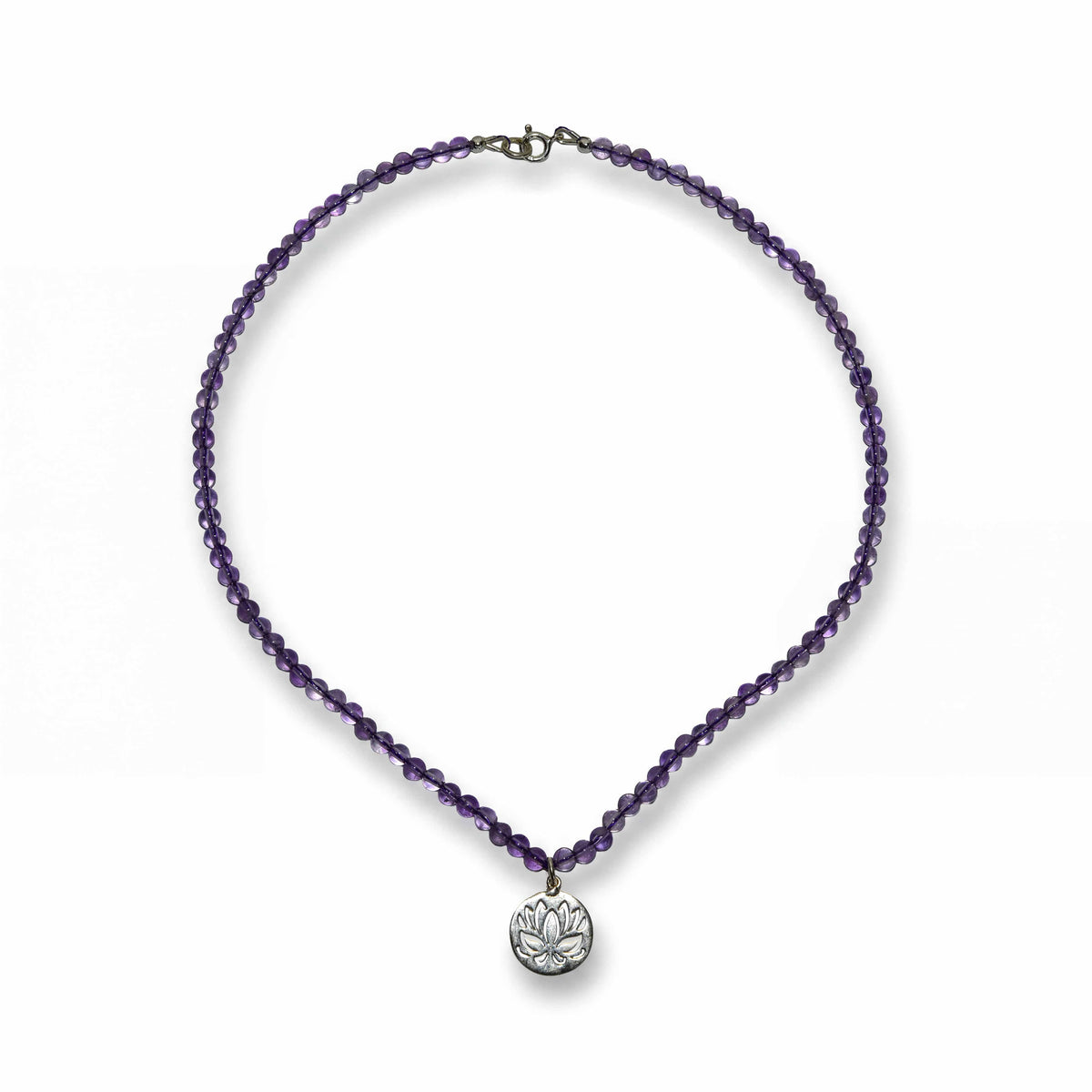 Handcrafted Amethyst Necklace with Silver Lotus Pendant, Handmade Jewelry from Chiang Mai Thailand - Lalanna Design