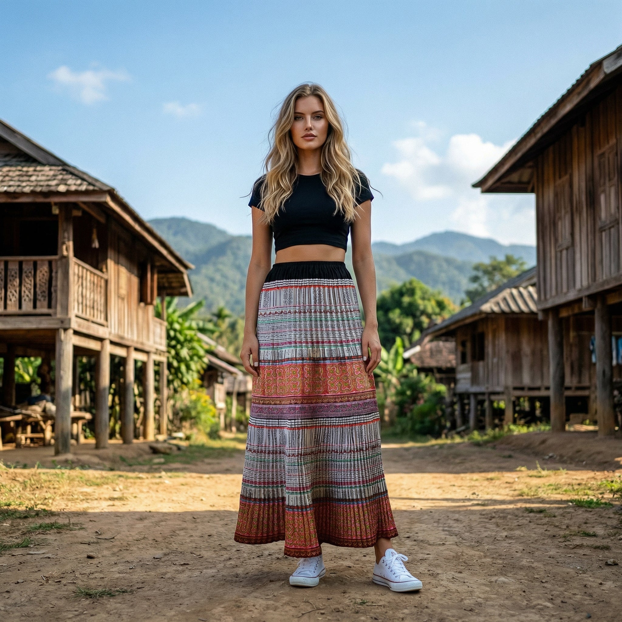 Handcrafted Authentic Hmong Skirt Colorful Geometric Embroidery Pattern from Chiang Rai Thailand - Lalanna Design