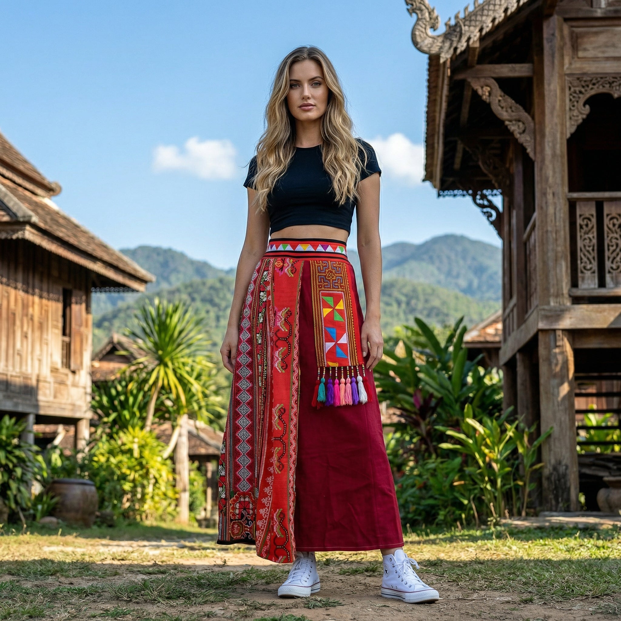 Handcrafted Authentic Hmong Skirt Red Embroidered with Beaded Tassels from Chiang Rai Thailand - Lalanna Design