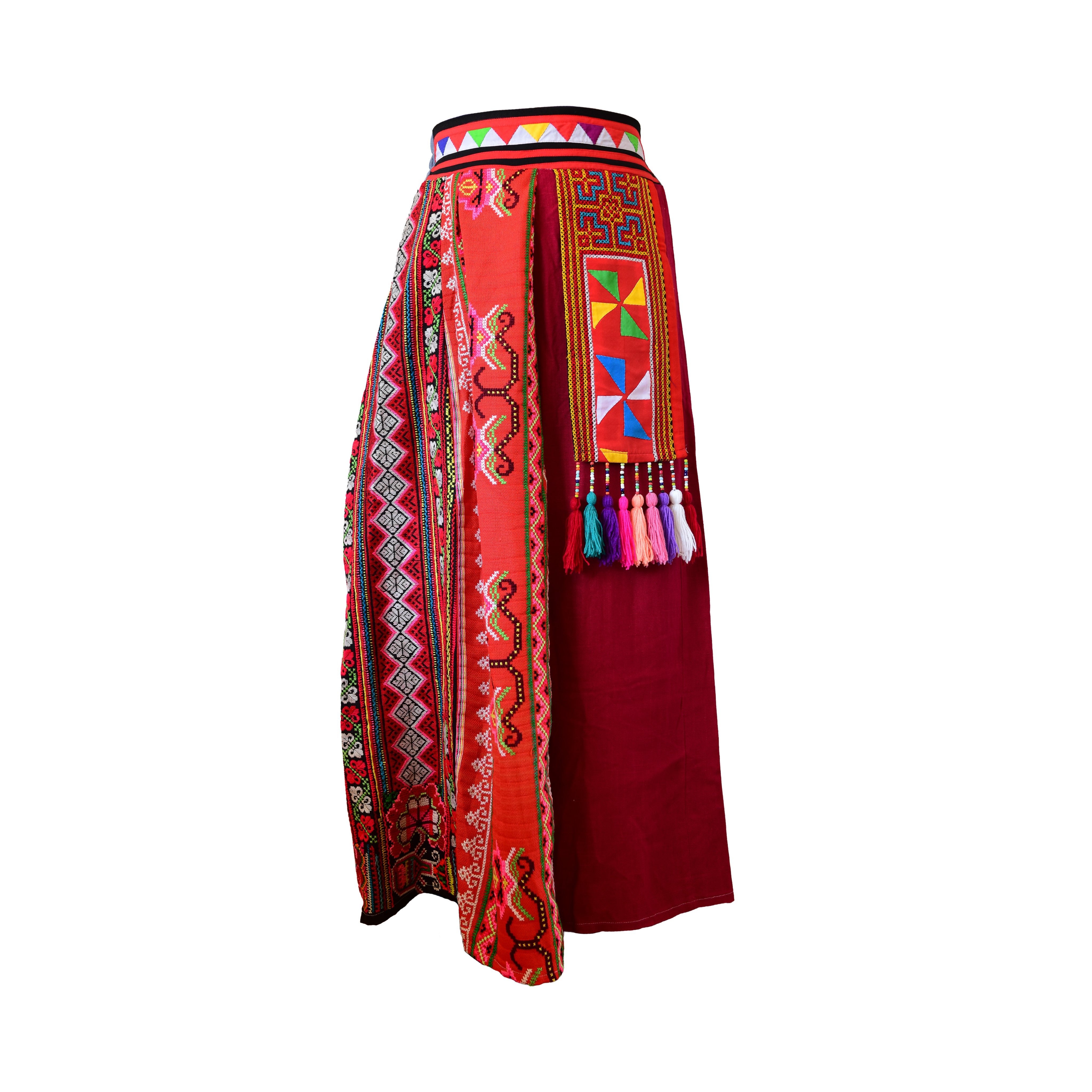 Handcrafted Authentic Hmong Skirt Red Embroidered with Beaded Tassels from Chiang Rai Thailand - Lalanna Design