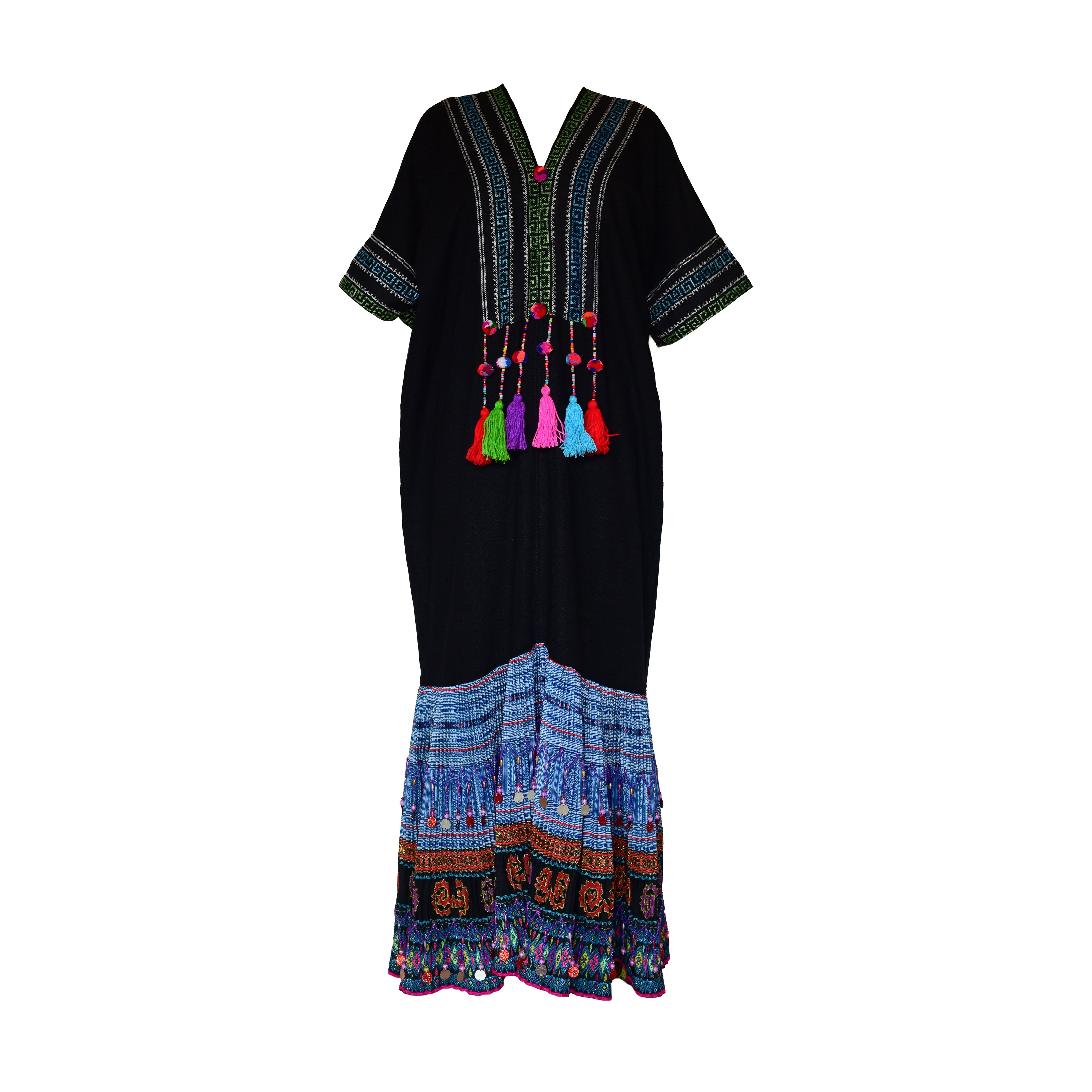 Handcrafted Black Lanna Dress With Blue-Green Embroidery from Chiang Rai Thailand - Lalanna Design