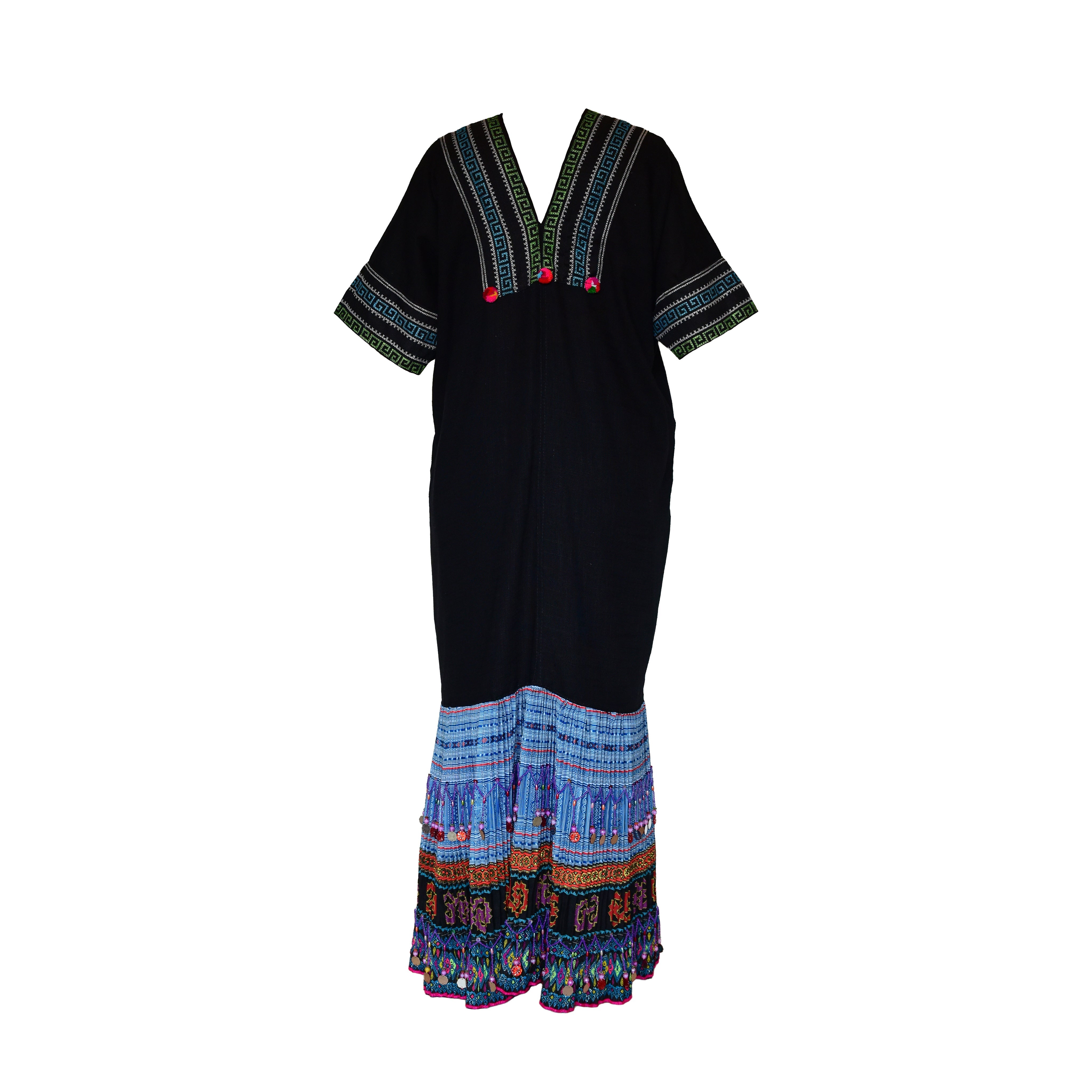 Handcrafted Black Lanna Dress With Blue-Green Embroidery from Chiang Mai Thailand - Lalanna Design