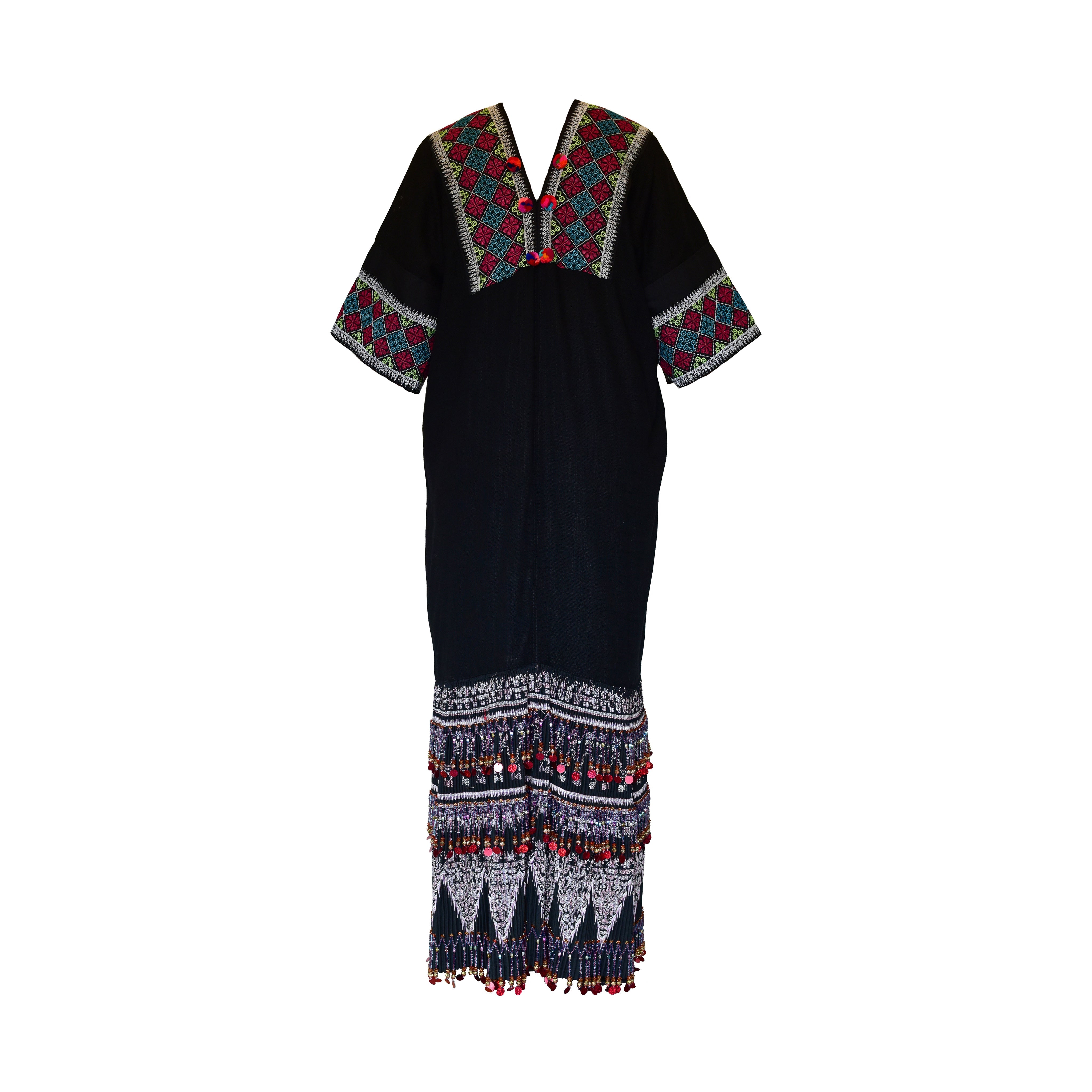 Handcrafted Black Lanna Dress With Grey-Red Embroidery from Chiang Mai Thailand - Lalanna Design