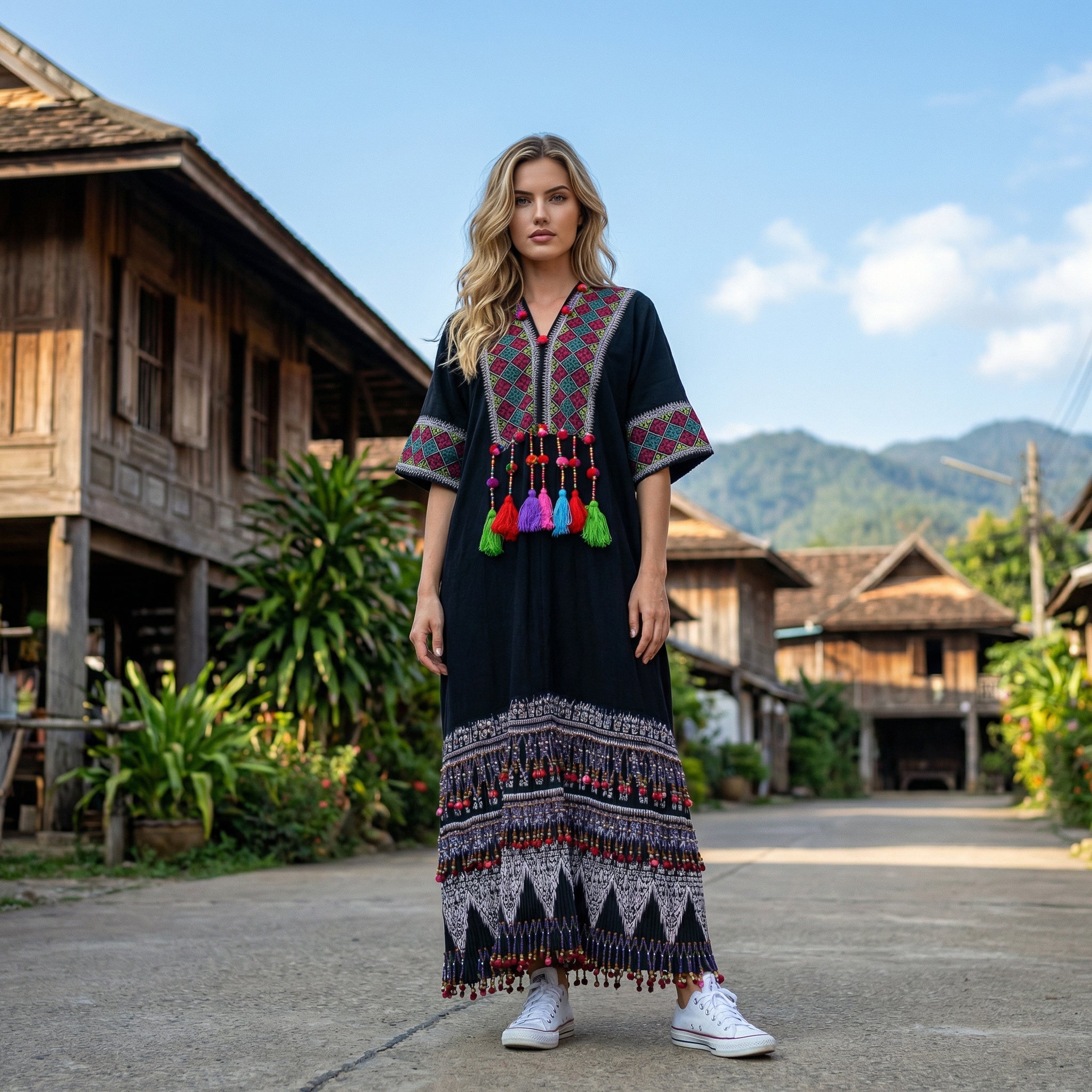 Handcrafted Black Lanna Dress With Grey-Red Embroidery from Chiang Rai Thailand - Lalanna Design