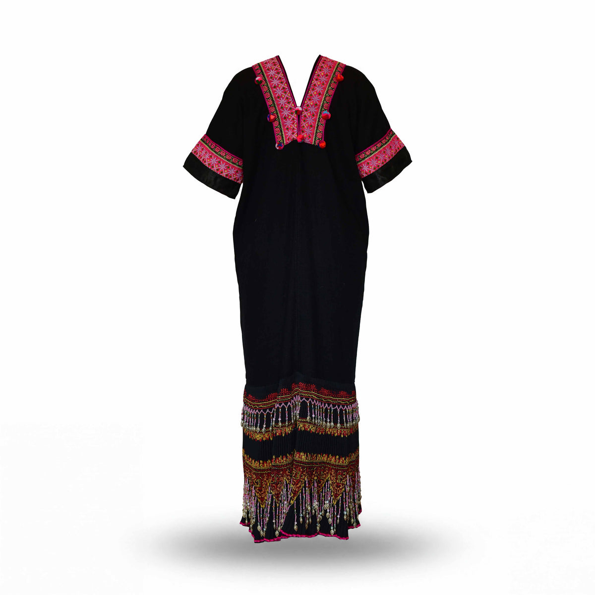 Handcrafted Black Lanna Dress With Red-Gold Embroidery from Chiang Mai Thailand - Lalanna Design