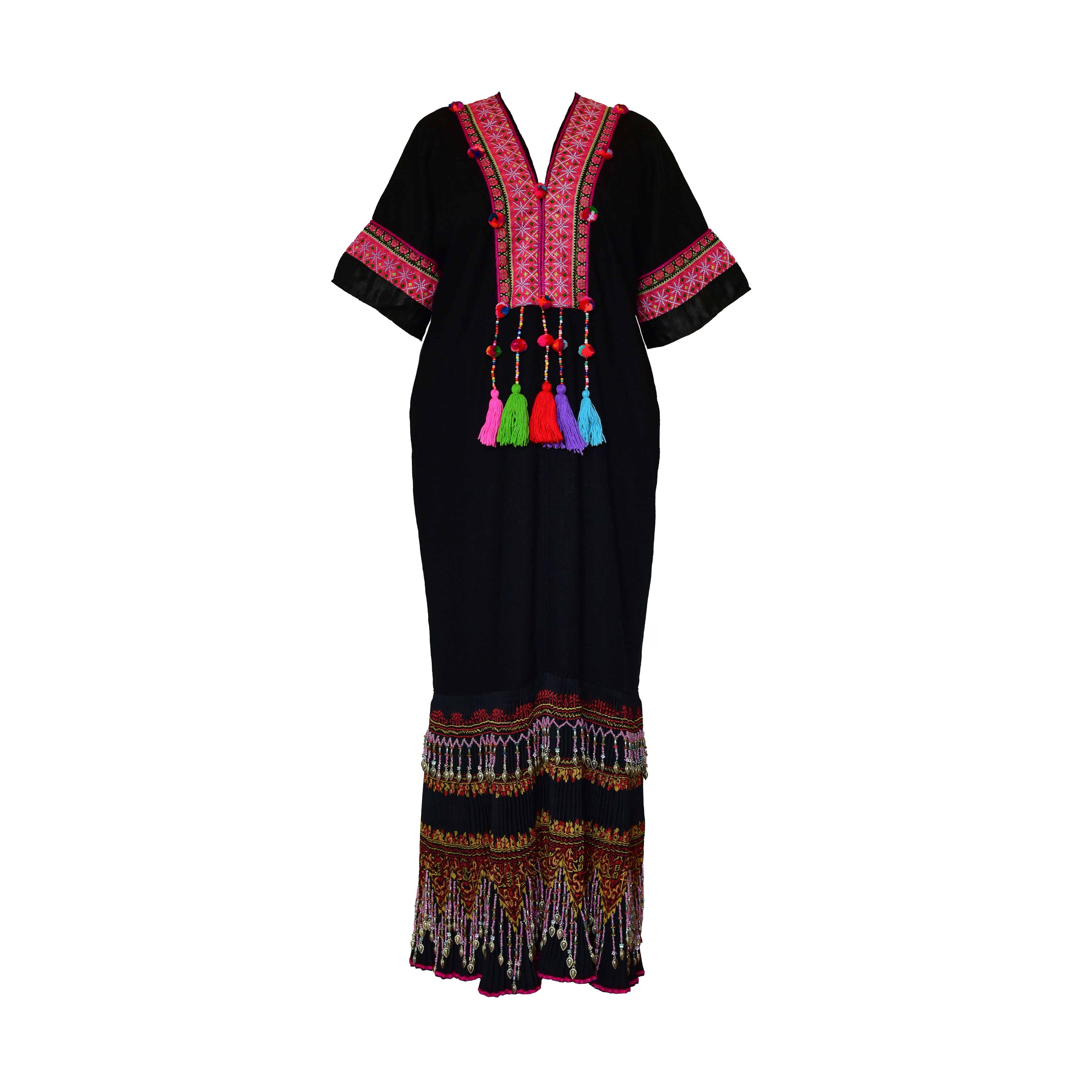 Handcrafted Black Lanna Dress With Red-Gold Embroidery from Chiang Rai Thailand - Lalanna Design