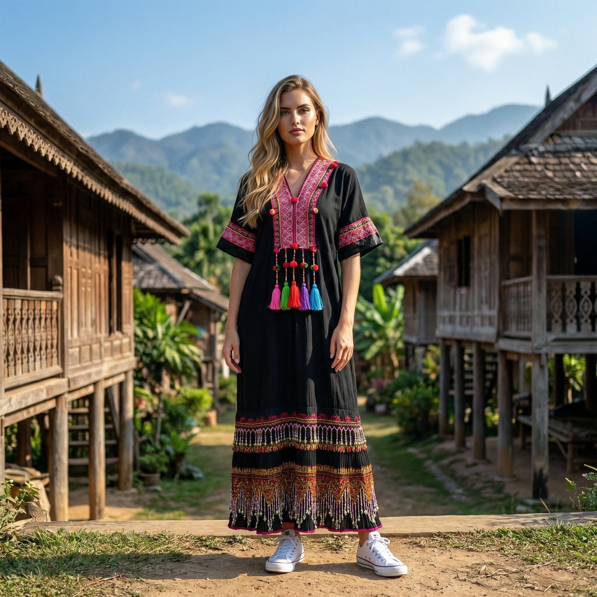 Handcrafted Black Lanna Dress With Red-Gold Embroidery from Chiang Rai Thailand - Lalanna Design