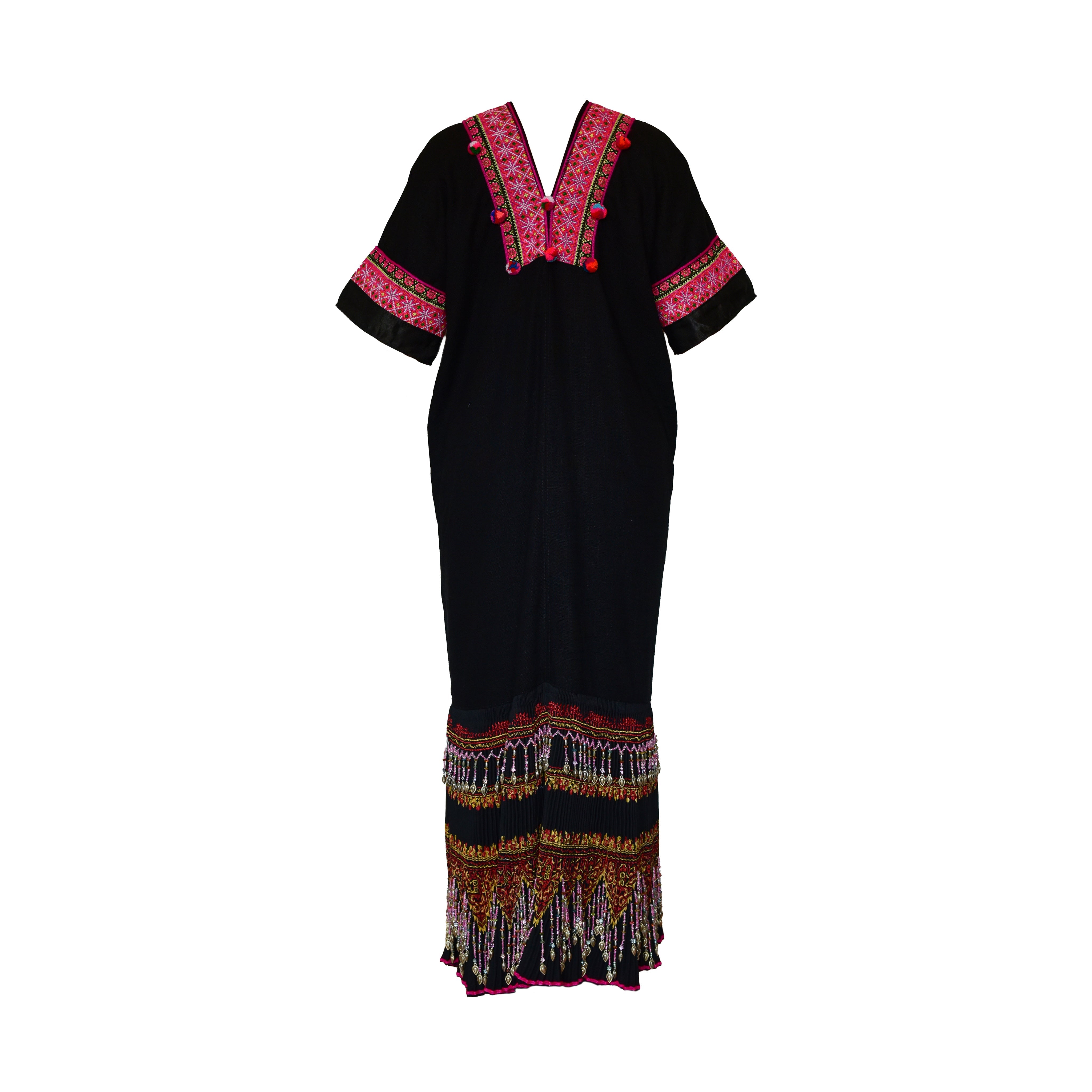 Handcrafted Black Lanna Dress With Red-Gold Embroidery from Chiang Mai Thailand - Lalanna Design