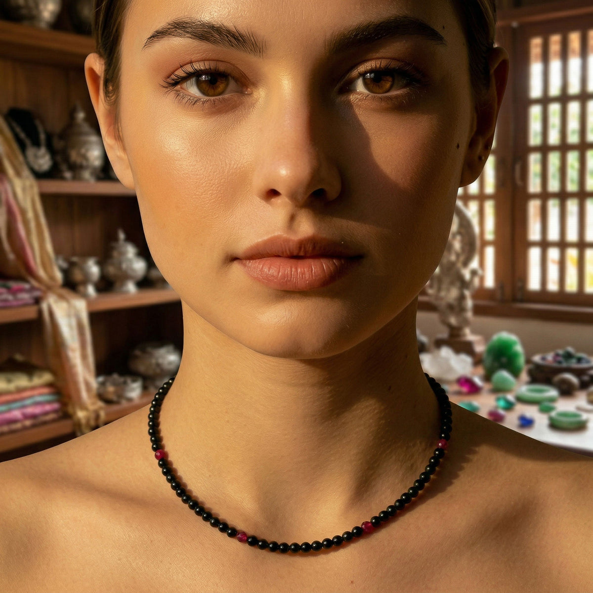Handcrafted Black Tourmaline and Ruby Necklace from Chiang Mai Thailand - Lalanna Design