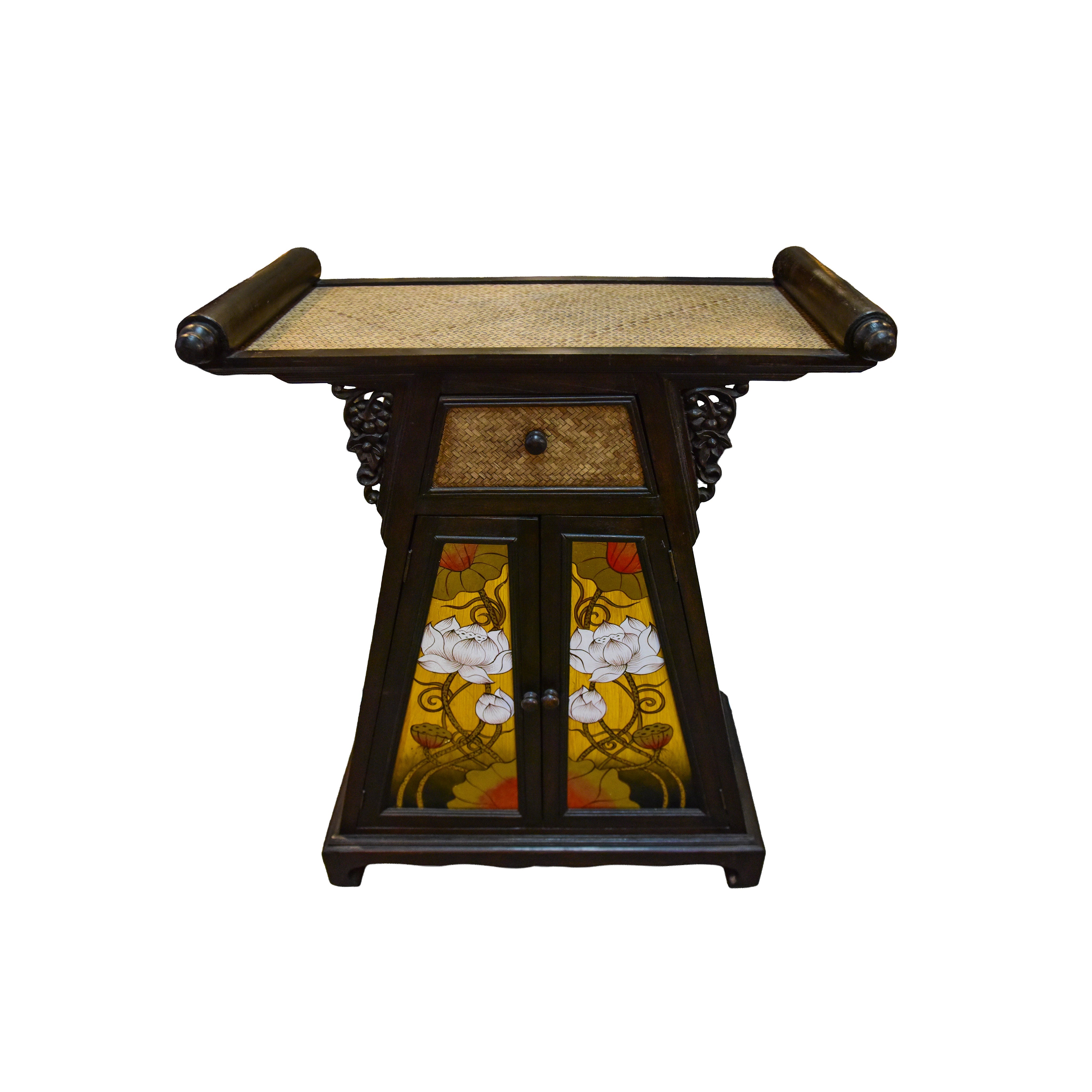 Handcrafted Cabinet in Solid Thai Hardwood with Hand-Painted Panels and Woven Bamboo from Chiang Mai Thailand - Lalanna Design