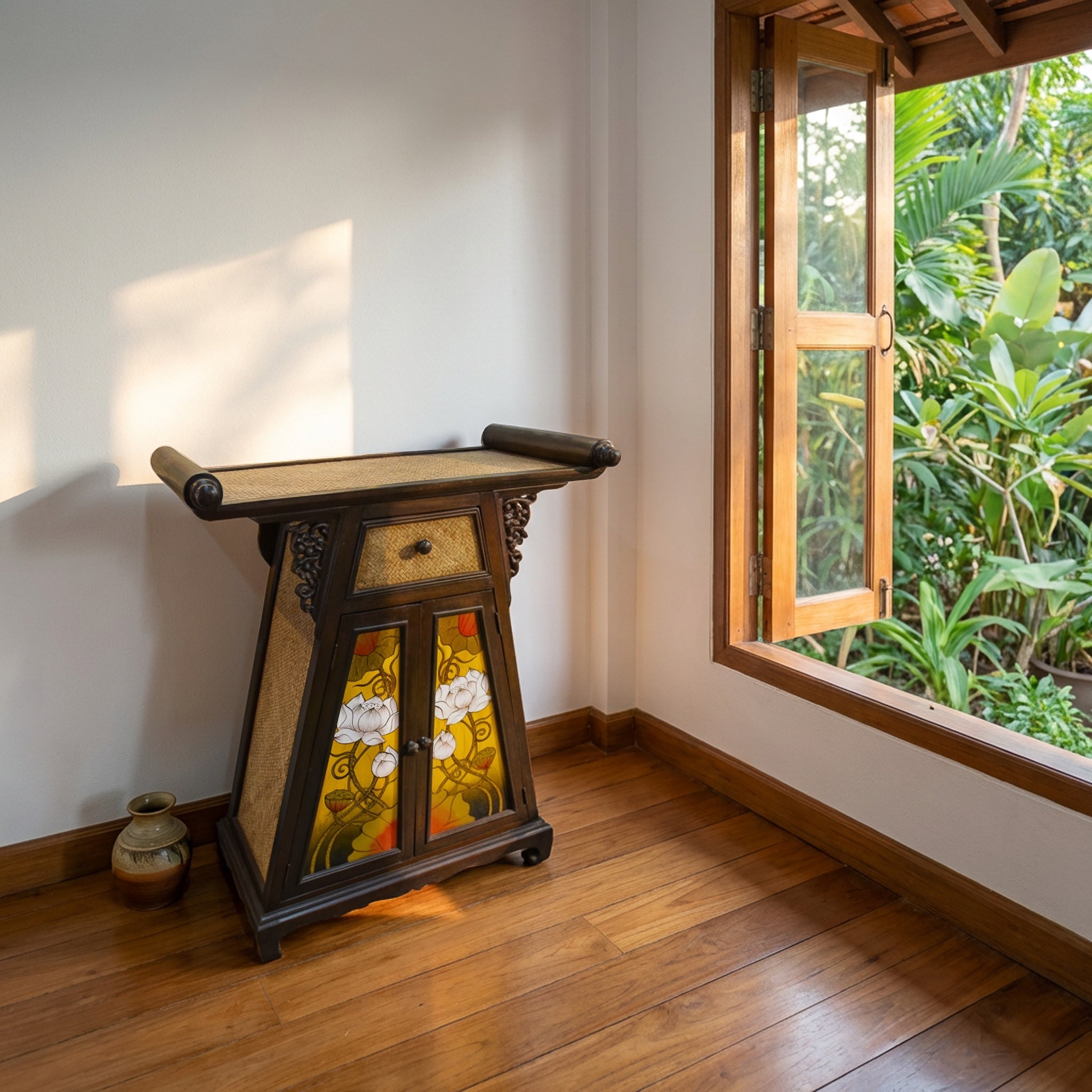 Handcrafted Cabinet in Solid Thai Hardwood with Hand-Painted Panels and Woven Bamboo from Chiang Rai Thailand - Lalanna Design