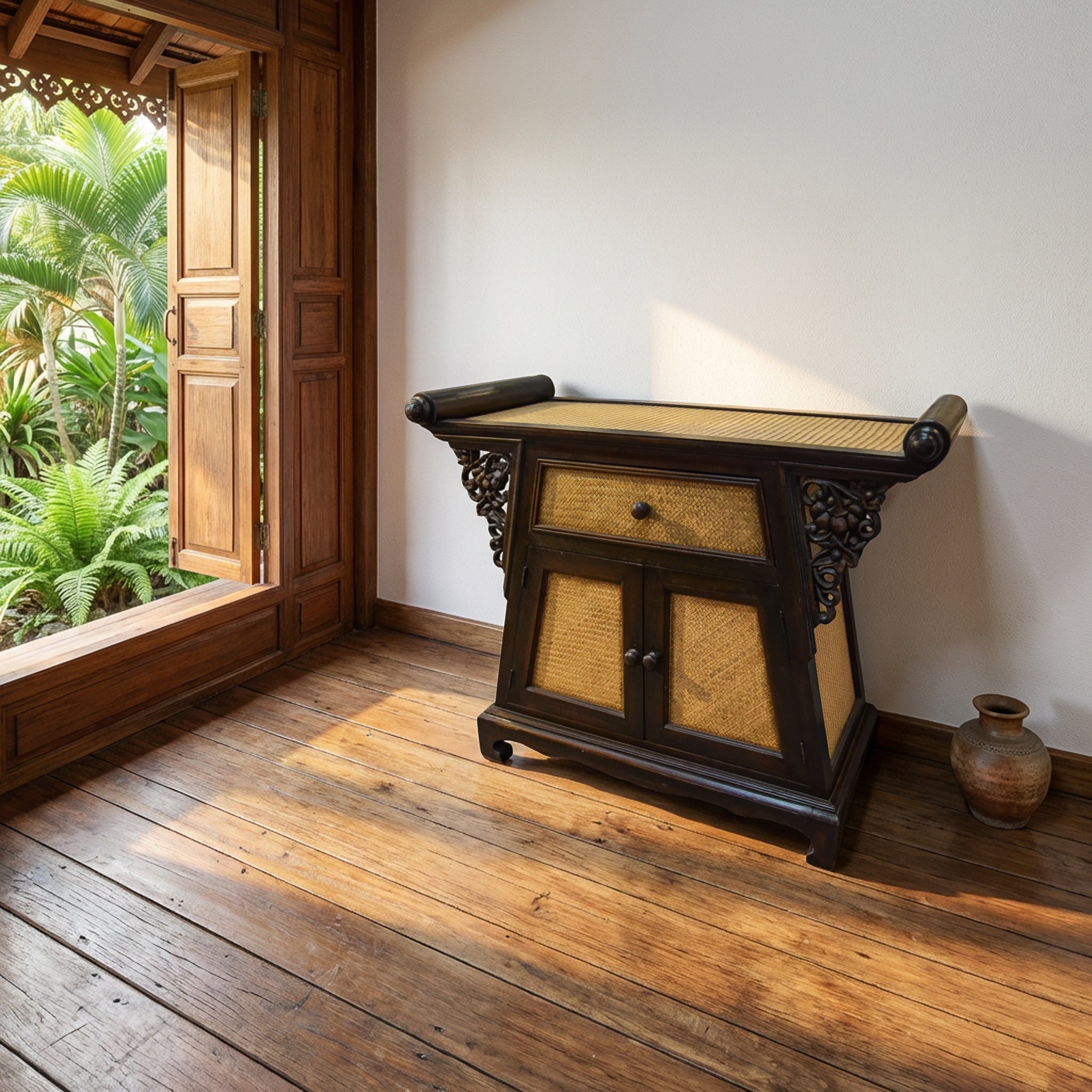 Handcrafted Cabinet in Solid Thai Hardwood with Woven Bamboo and Carved Grape Brackets from Chiang Rai Thailand - Lalanna Design