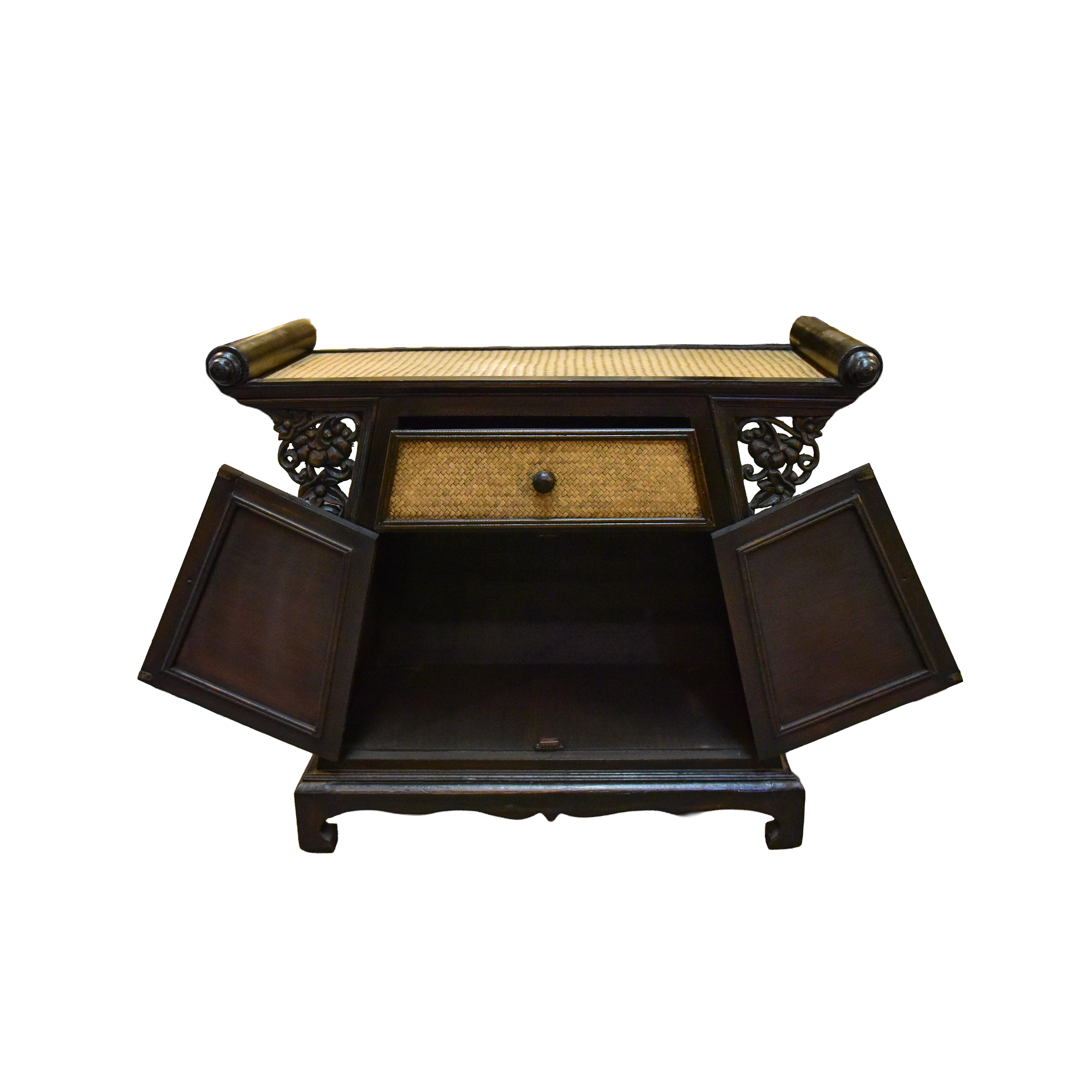 Handcrafted Cabinet in Solid Thai Hardwood with Woven Bamboo and Carved Grape Brackets from Chiang Mai Thailand - Lalanna Design