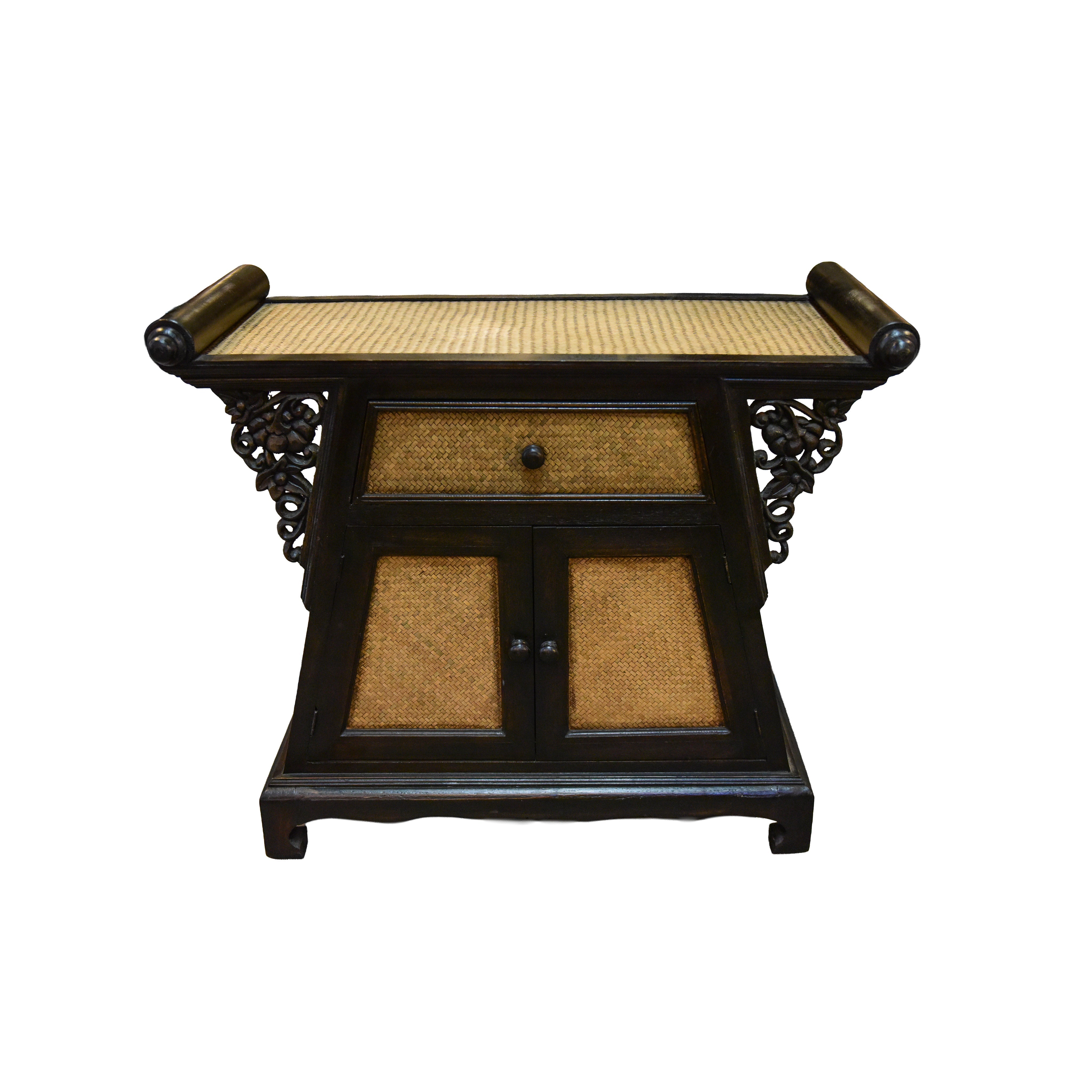 Handcrafted Cabinet in Solid Thai Hardwood with Woven Bamboo and Carved Grape Brackets from Chiang Mai Thailand - Lalanna Design