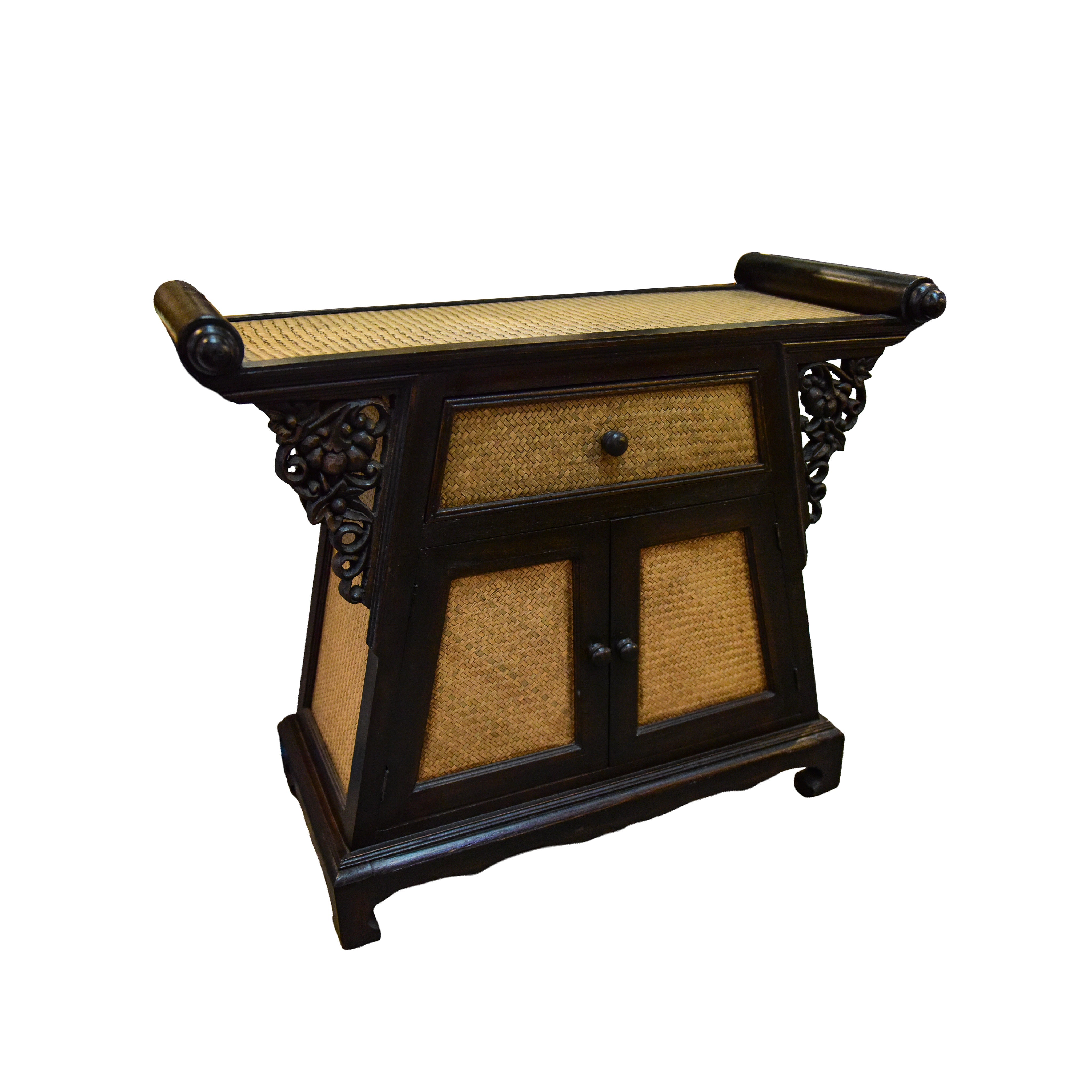 Handcrafted Cabinet in Solid Thai Hardwood with Woven Bamboo and Carved Grape Brackets from Chiang Mai Thailand - Lalanna Design