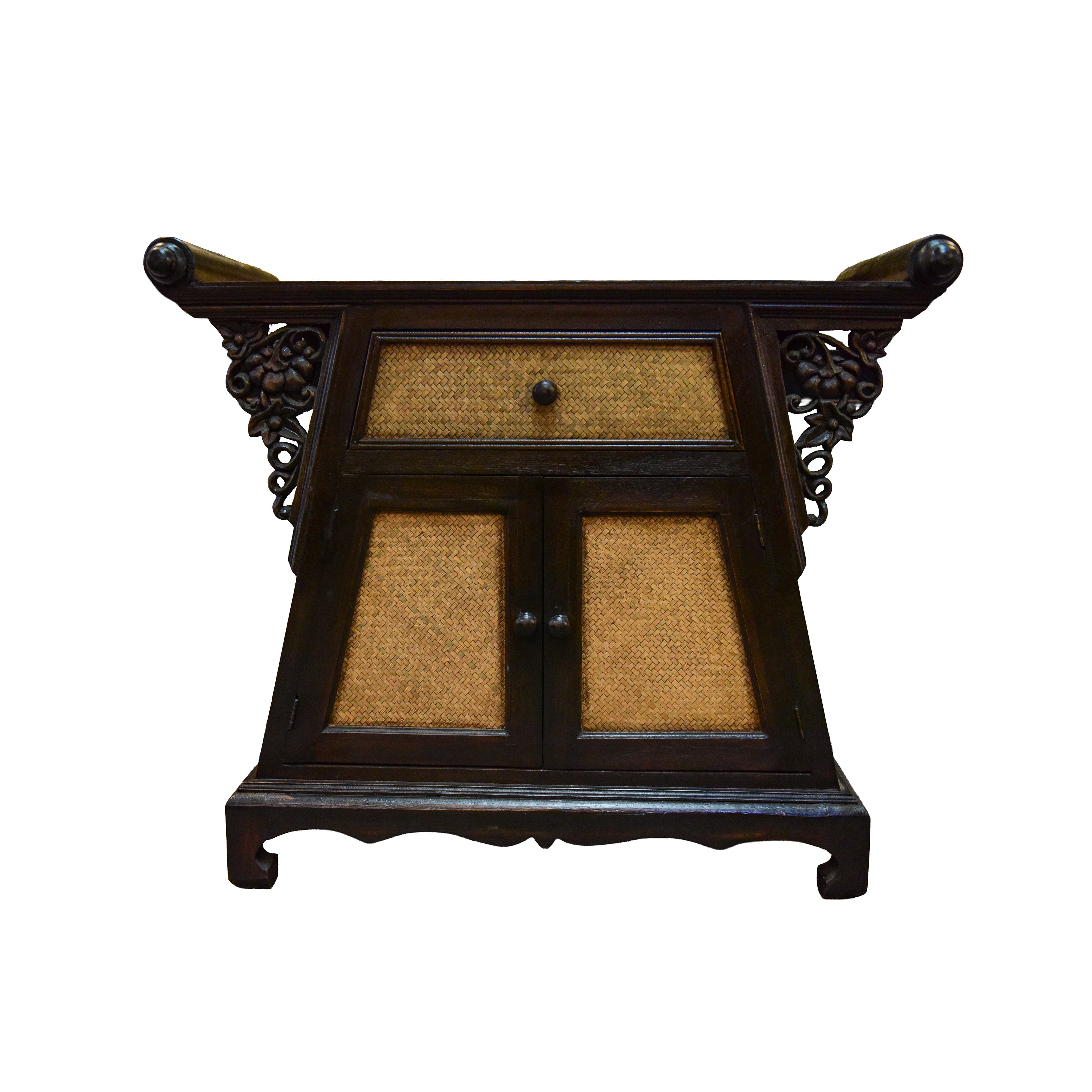 Handcrafted Cabinet in Solid Thai Hardwood with Woven Bamboo and Carved Grape Brackets from Chiang Rai Thailand - Lalanna Design
