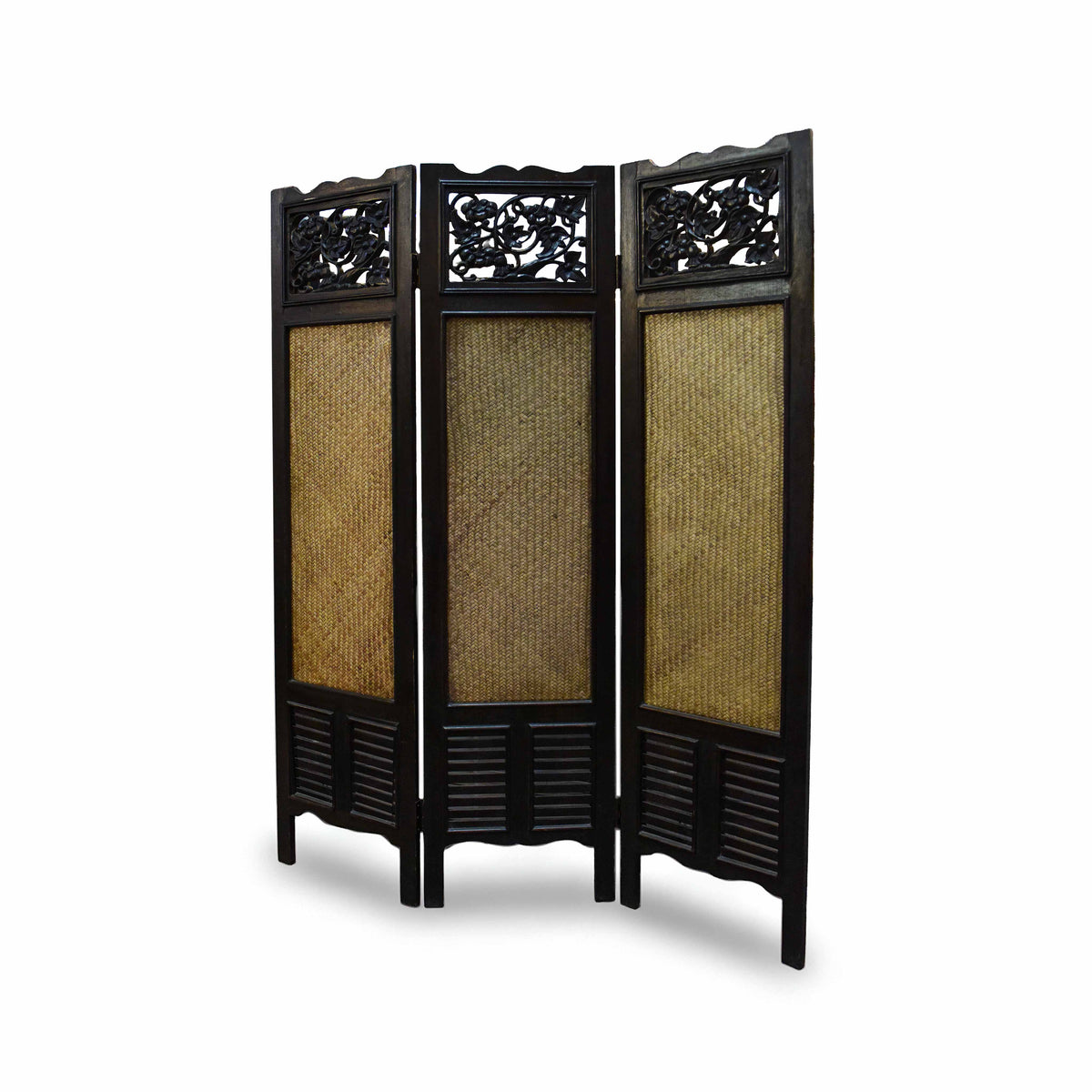 Handcrafted Carved Wood 3-Panel Room Divider in Solid Thai Hardwood with Woven Bamboo Inlays from Chiang Mai Thailand - Lalanna Design