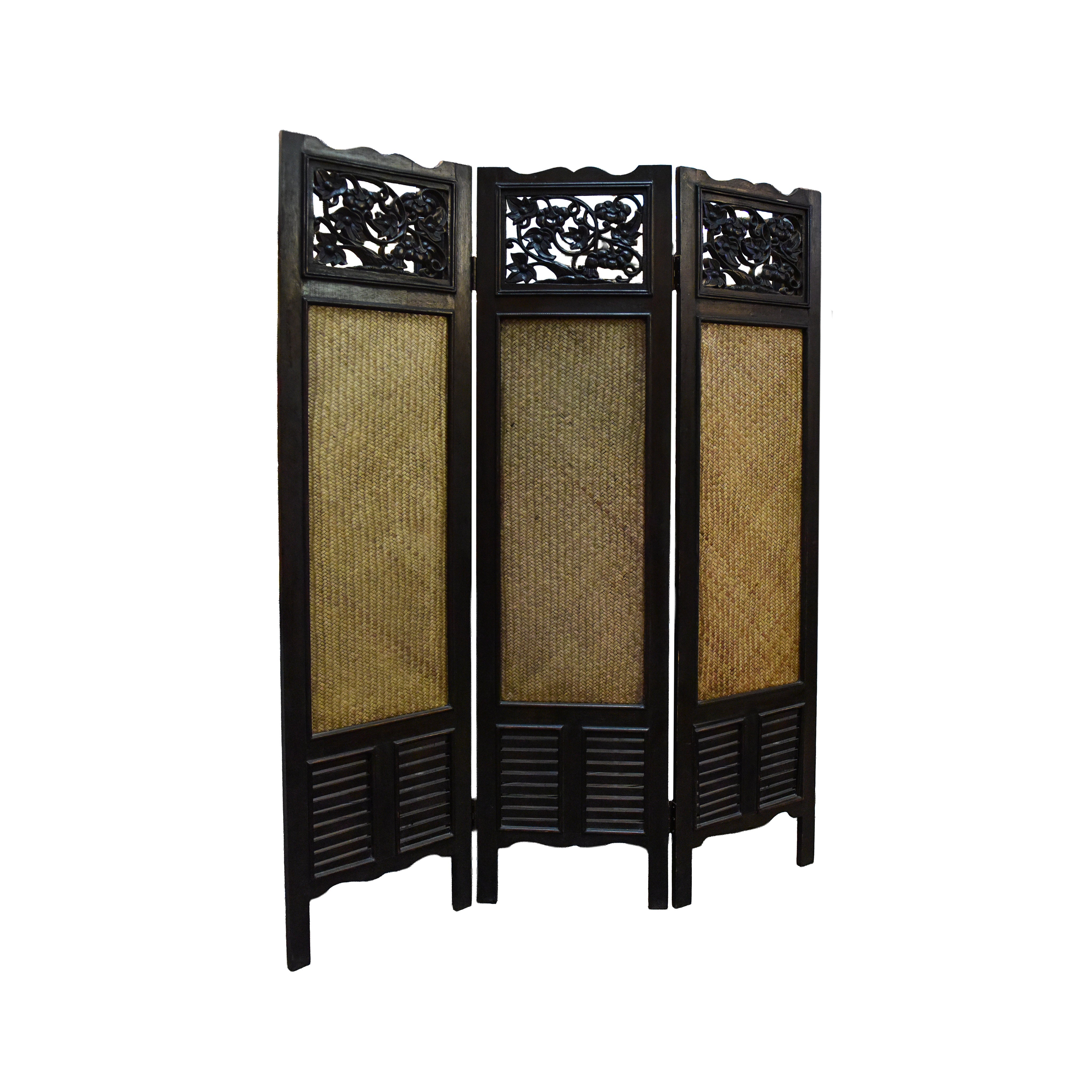 Handcrafted Carved Wood 3-Panel Room Divider in Solid Thai Hardwood with Woven Bamboo Inlays from Chiang Mai Thailand - Lalanna Design