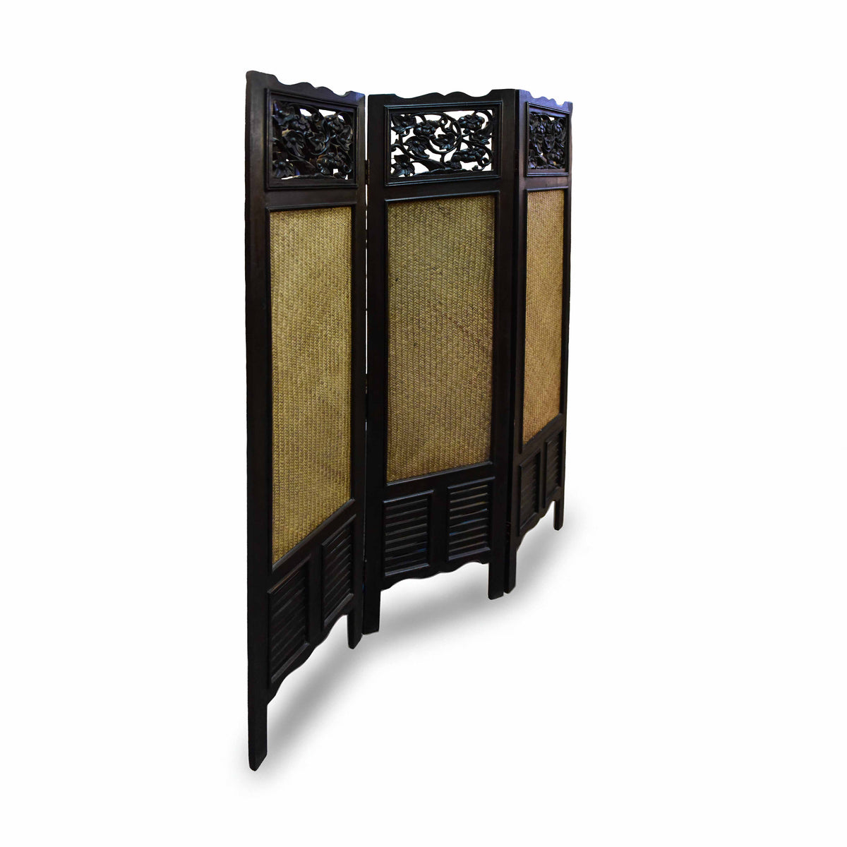 Handcrafted Carved Wood 3-Panel Room Divider in Solid Thai Hardwood with Woven Bamboo Inlays from Chiang Mai Thailand - Lalanna Design