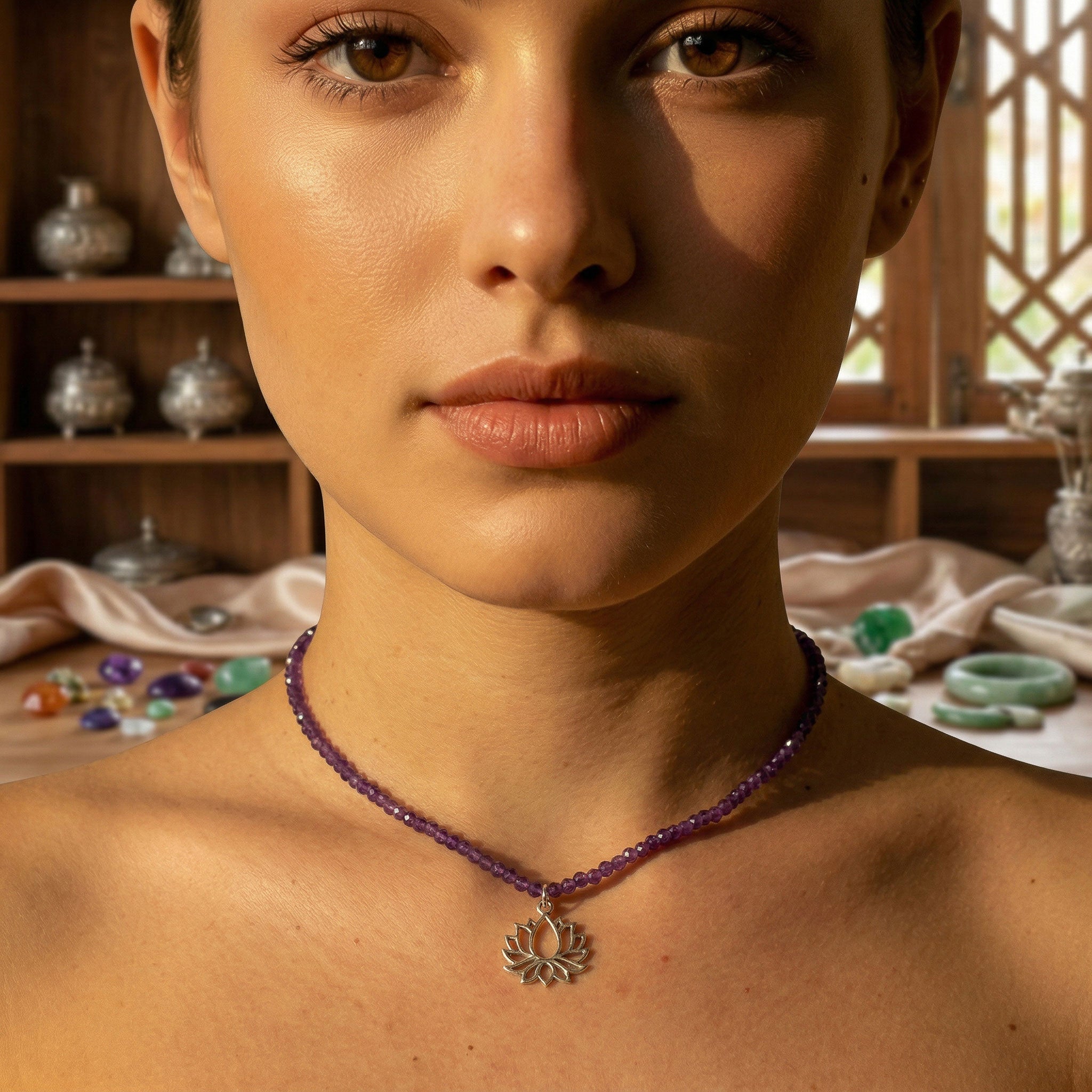 Handcrafted Faceted Amethyst Necklace with Silver Lotus Pendant from Chiang Mai Thailand - Lalanna Design