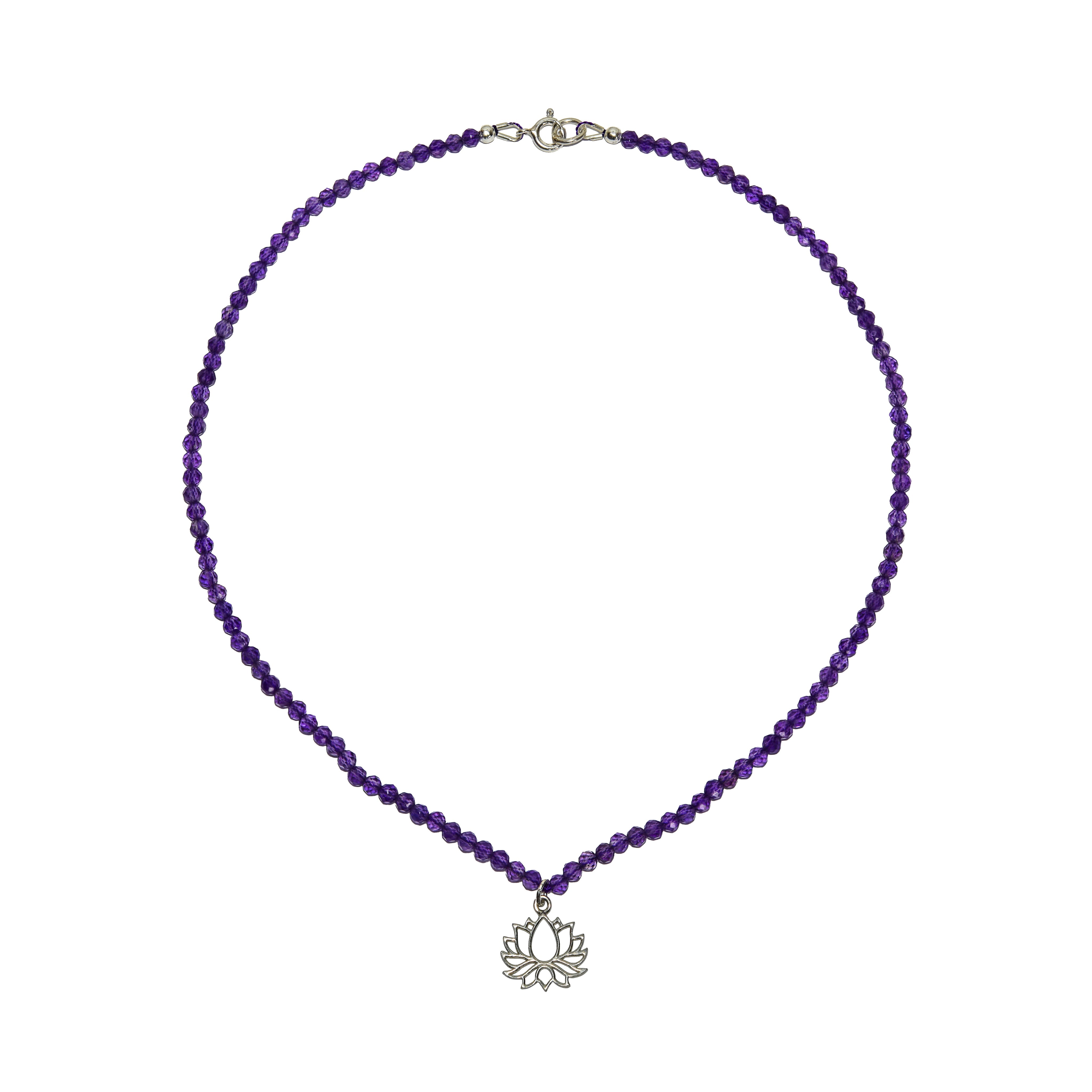 Handcrafted Faceted Amethyst Necklace with Silver Lotus Pendant from Chiang Mai Thailand - Lalanna Design