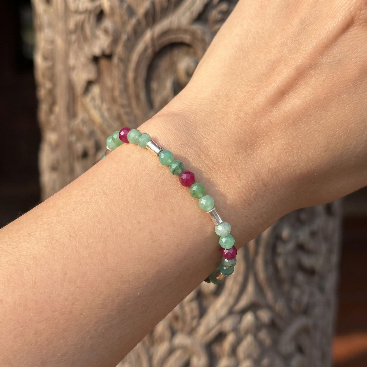 Handcrafted Bracelet Faceted Emerald and Ruby Bracelet with Silver Spacers, Handmade Jewelry from Chiang Mai Thailand - Lalanna Design