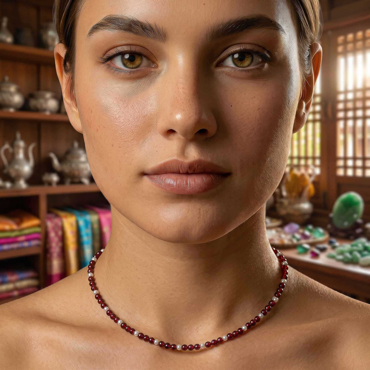 Handcrafted Necklace Garnet and Freshwater Pearl Necklace, Handmade Jewelry from Chiang Mai Thailand - Lalanna Design