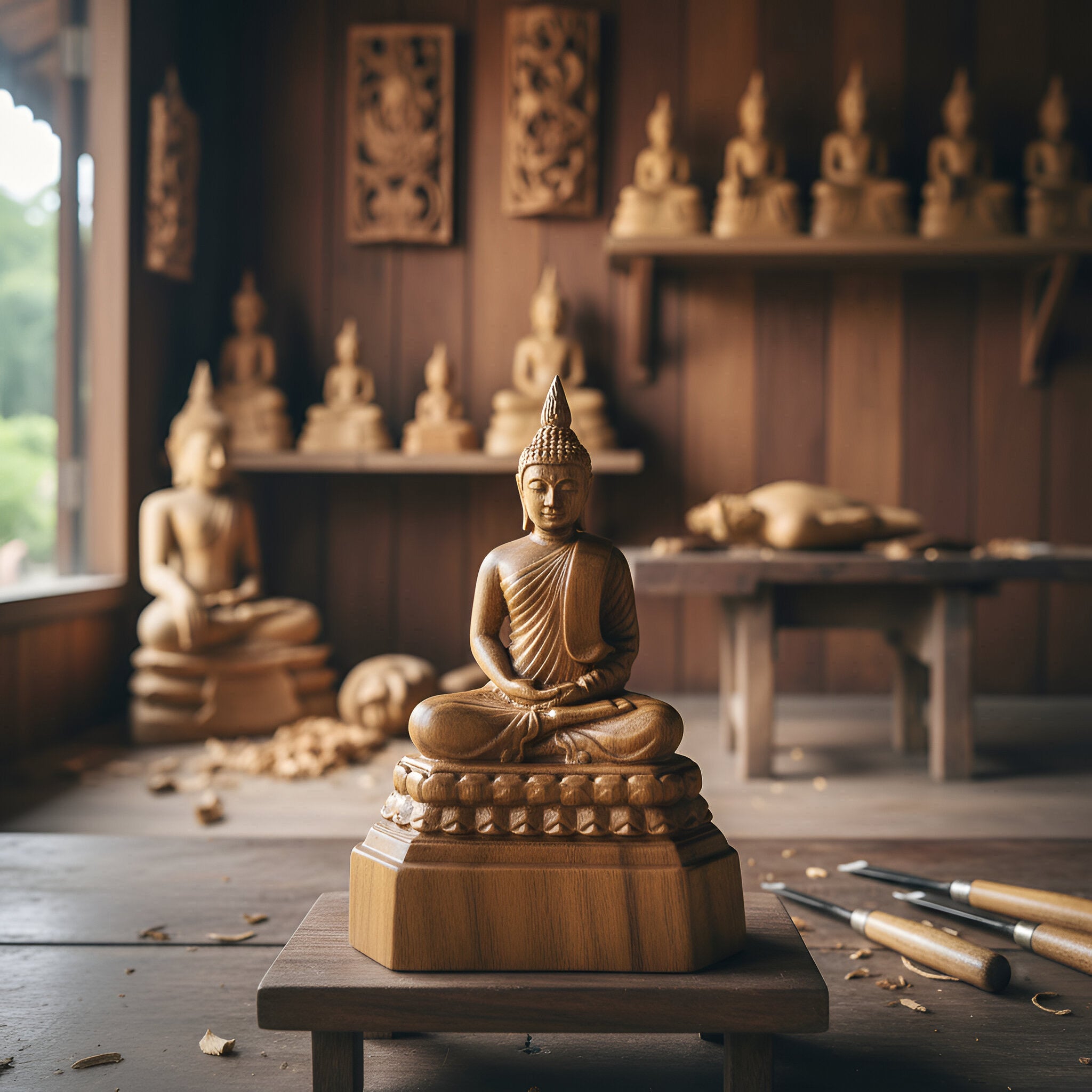 Handcrafted Hand-carved Meditating Buddha Statue in Premium Teak Wood – Lanna Artisan Craft from Chiang Mai Thailand - Lalanna Design