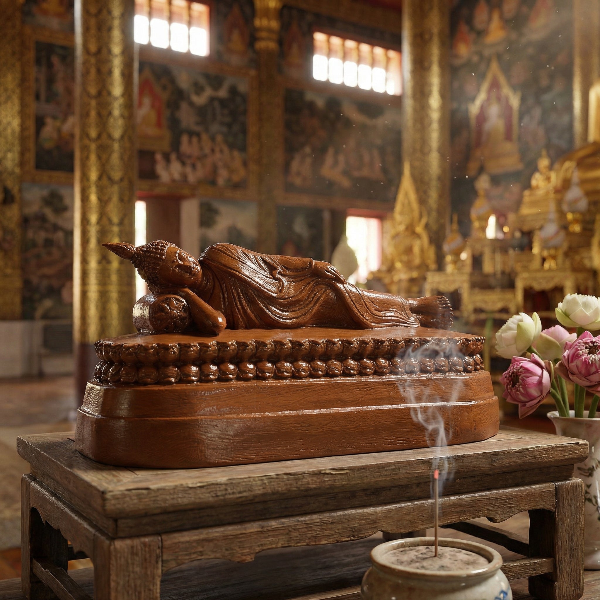 Handcrafted Hand-carved Reclining Buddha Statue in Premium Jackfruit Wood – Lanna Artisan Craft from Chiang Mai Thailand - Lalanna Design