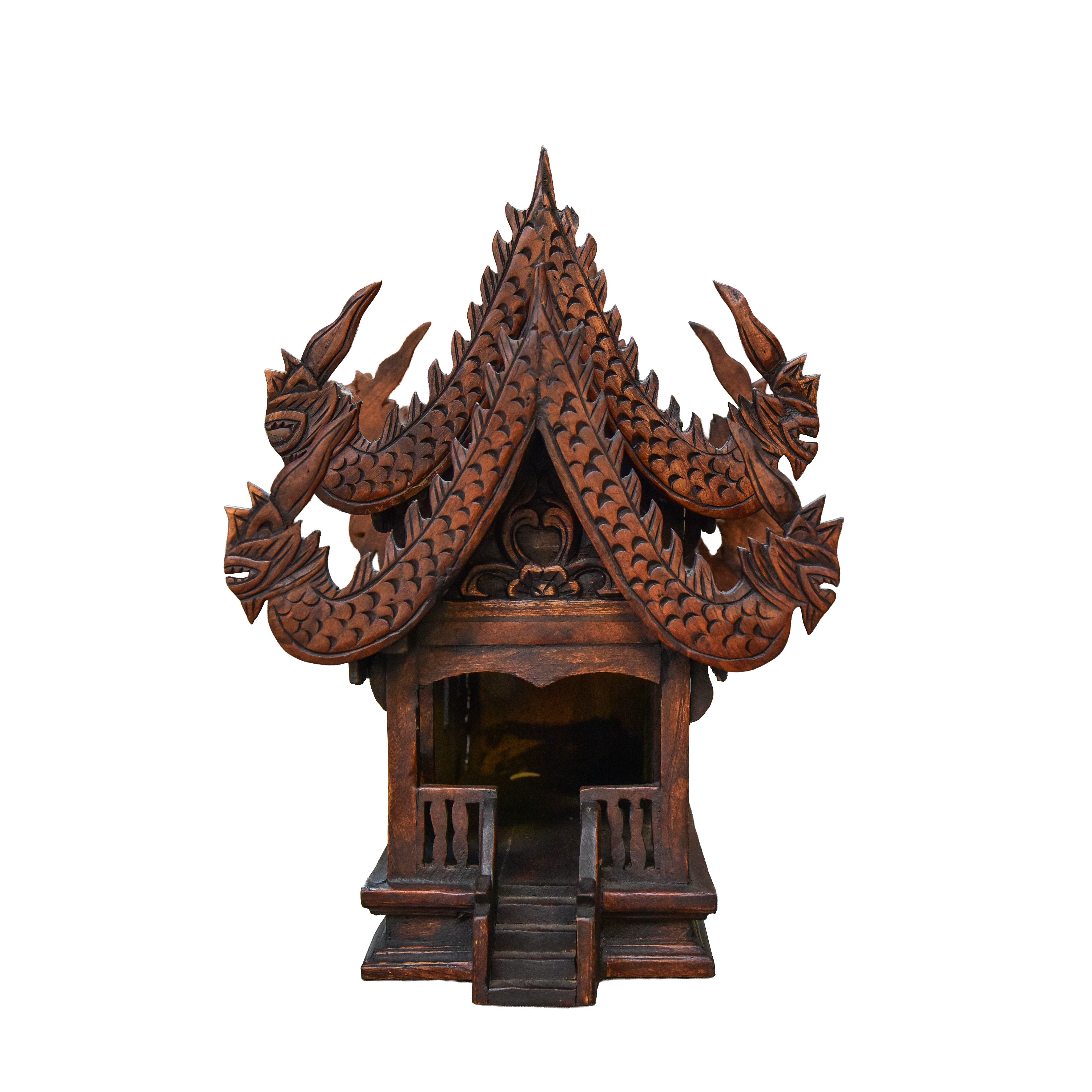 Handcrafted Hand-Carved Teak Naga Spirit House from Chiang Mai Thailand - Lalanna Design