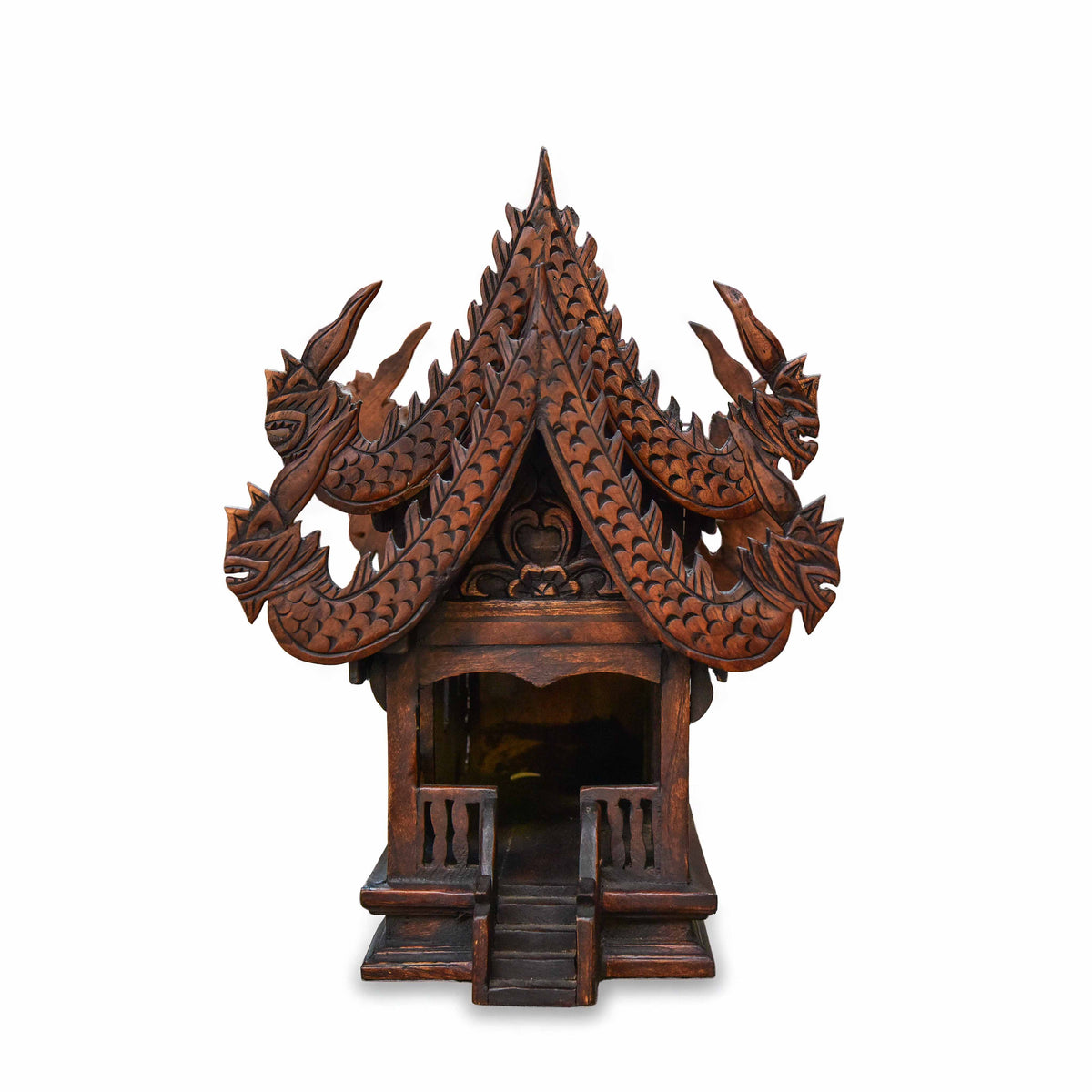 Handcrafted Hand-Carved Teak Naga Spirit House from Chiang Mai Thailand - Lalanna Design