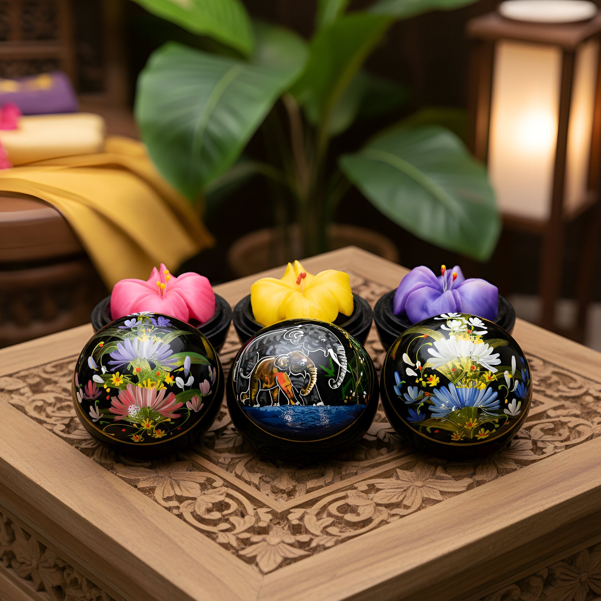Handcrafted Hand-Carved Thai Soap Resembling Hibiscus Flower in Hand-Painted Lacquer Box - Decorative Gift from Chiang Rai Thailand - Lalanna Design