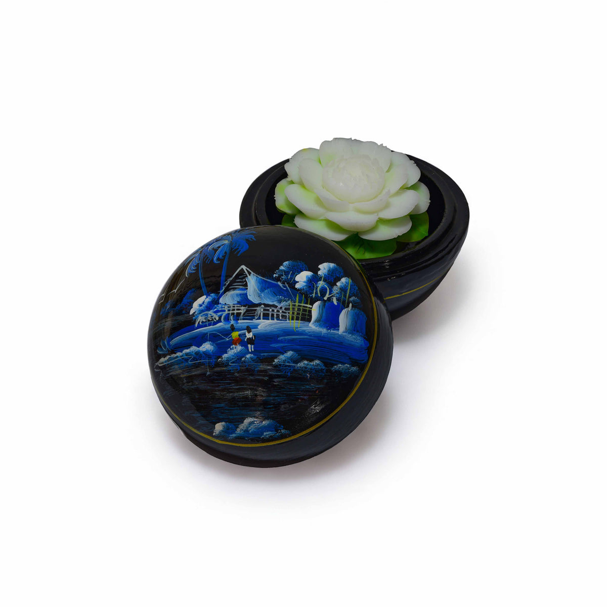 Handcrafted Hand-Carved Thai Soap Resembling Jasmine Flower in Hand-Painted Lacquer Box - Decorative Gift from Chiang Mai Thailand - Lalanna Design