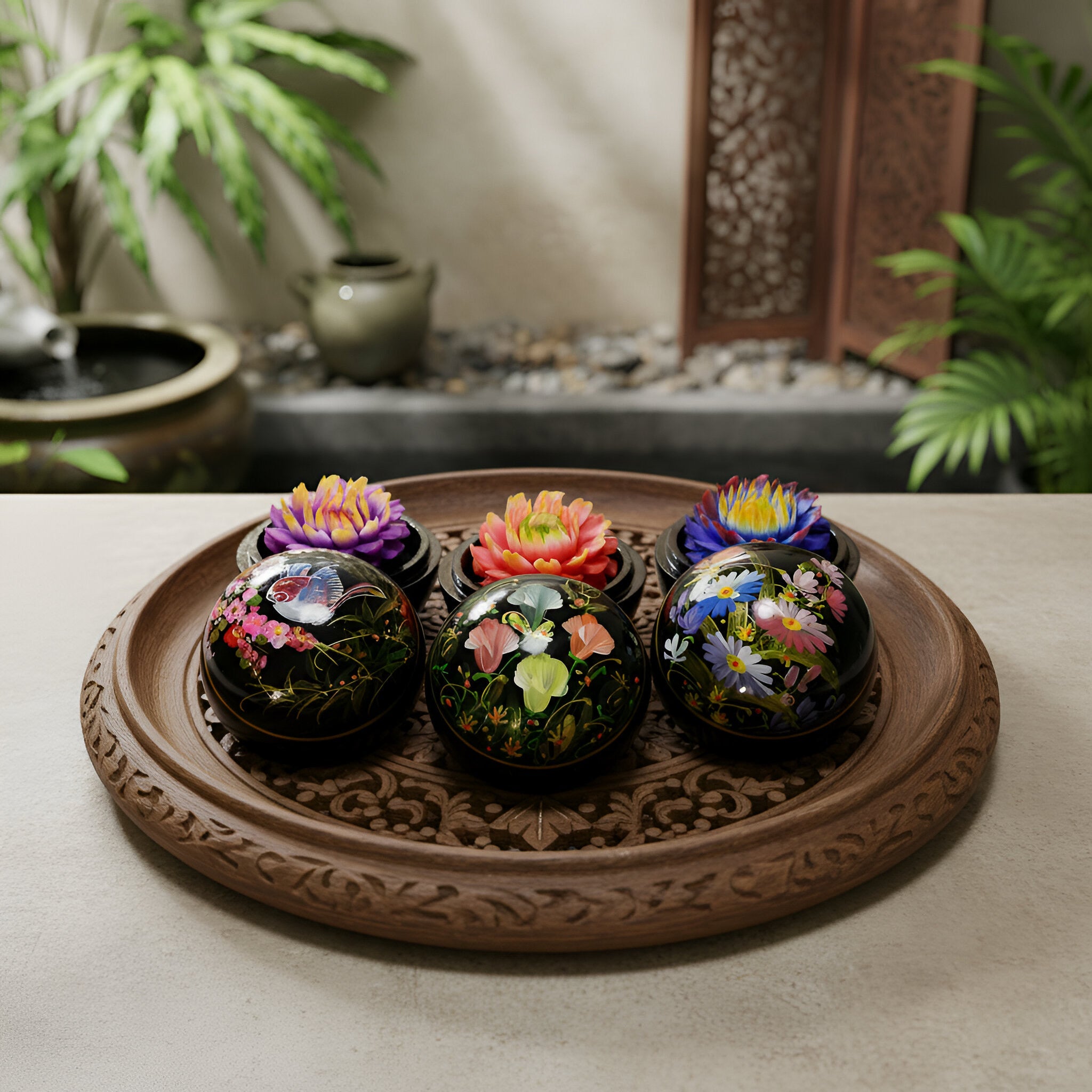 Handcrafted Hand-Carved Thai Soap Resembling Water Lily Flower in Hand-Painted Lacquer Box - Decorative Gift from Chiang Rai Thailand - Lalanna Design