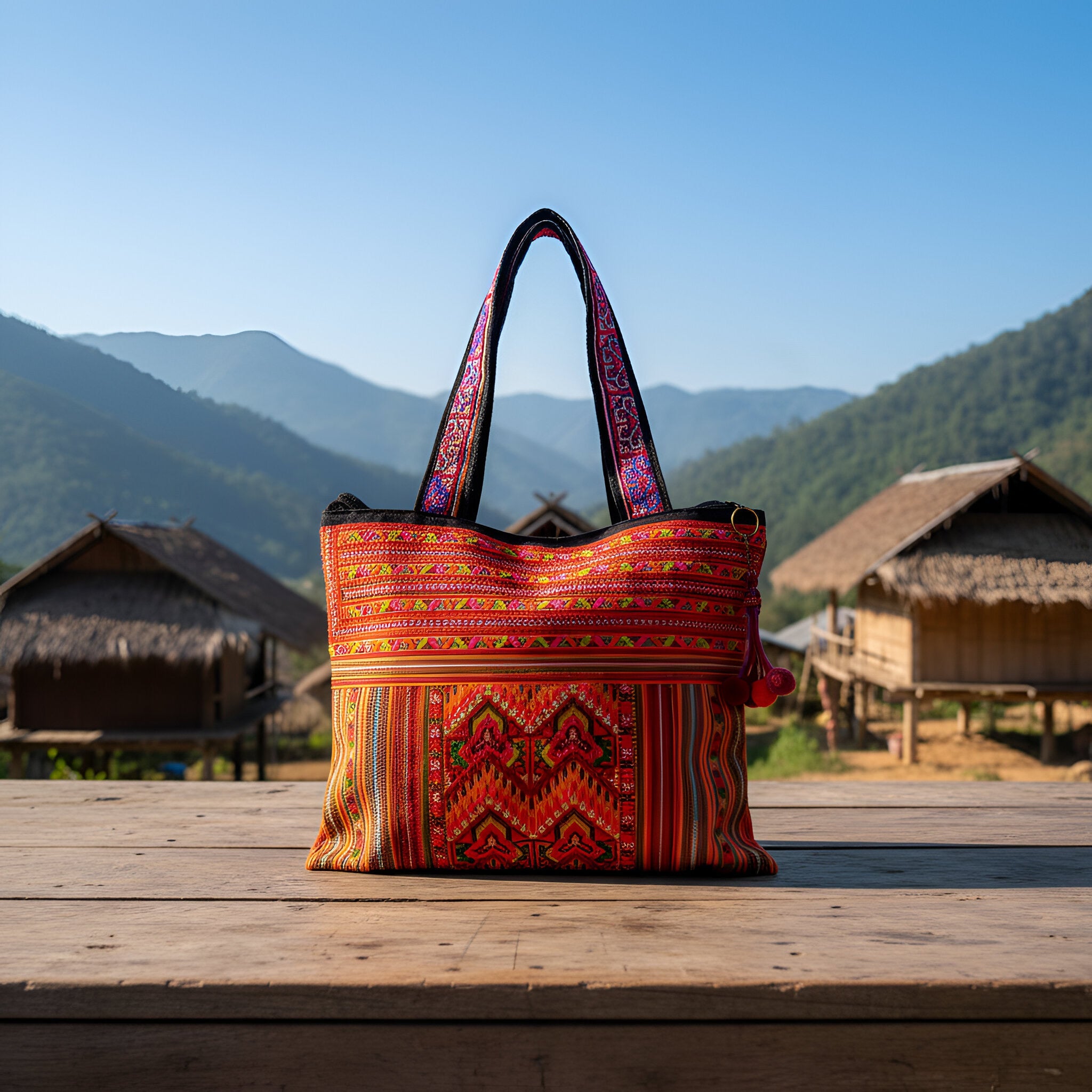 Handcrafted Hand-Embroidered Hill Tribe Fabric Shoulder Bag with Cross Stitch Patterns from Chiang Rai Thailand - Lalanna Design