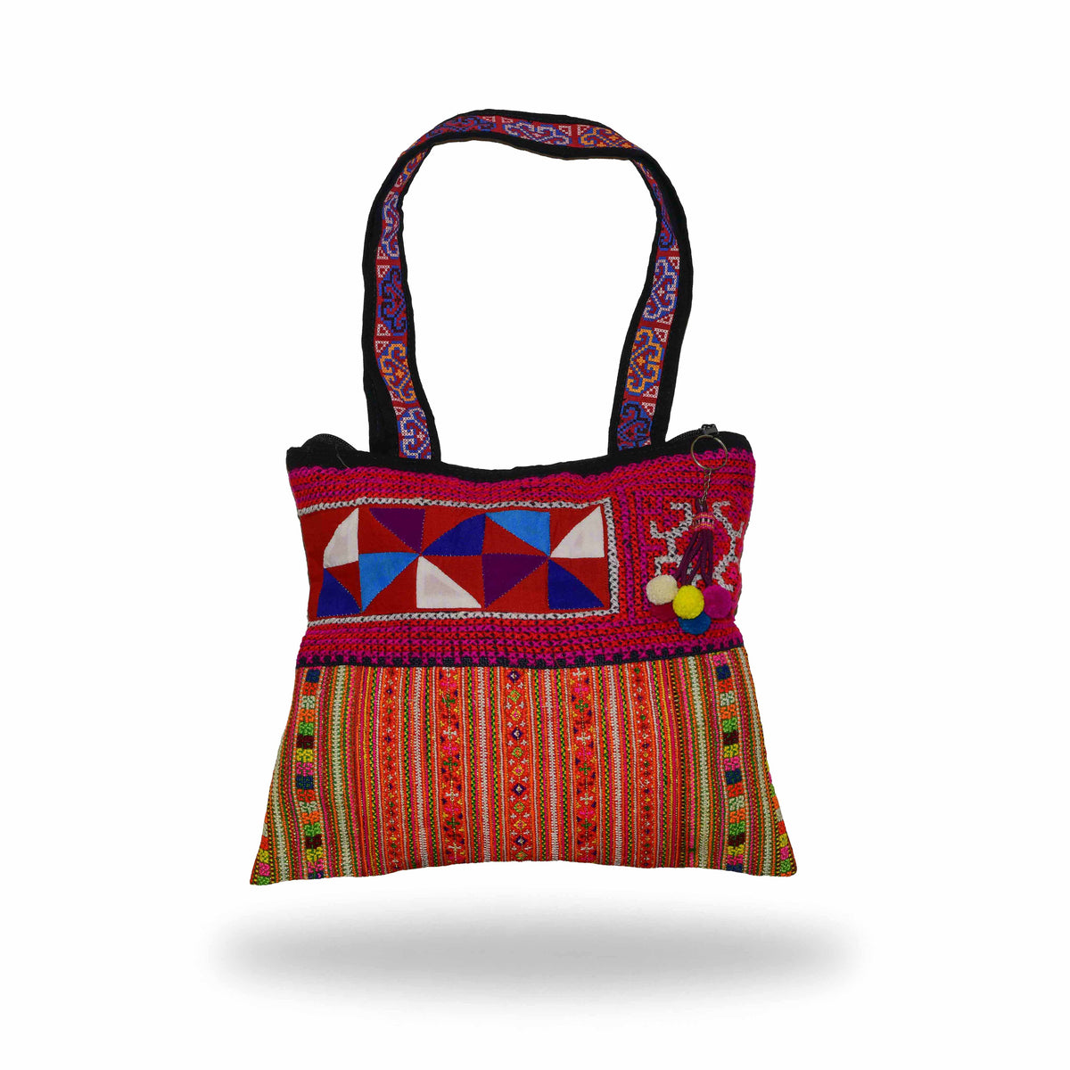Handcrafted Hand-Embroidered Hill Tribe Fabric Shoulder Bag with Layered Geometric Triangles from Chiang Mai Thailand - Lalanna Design