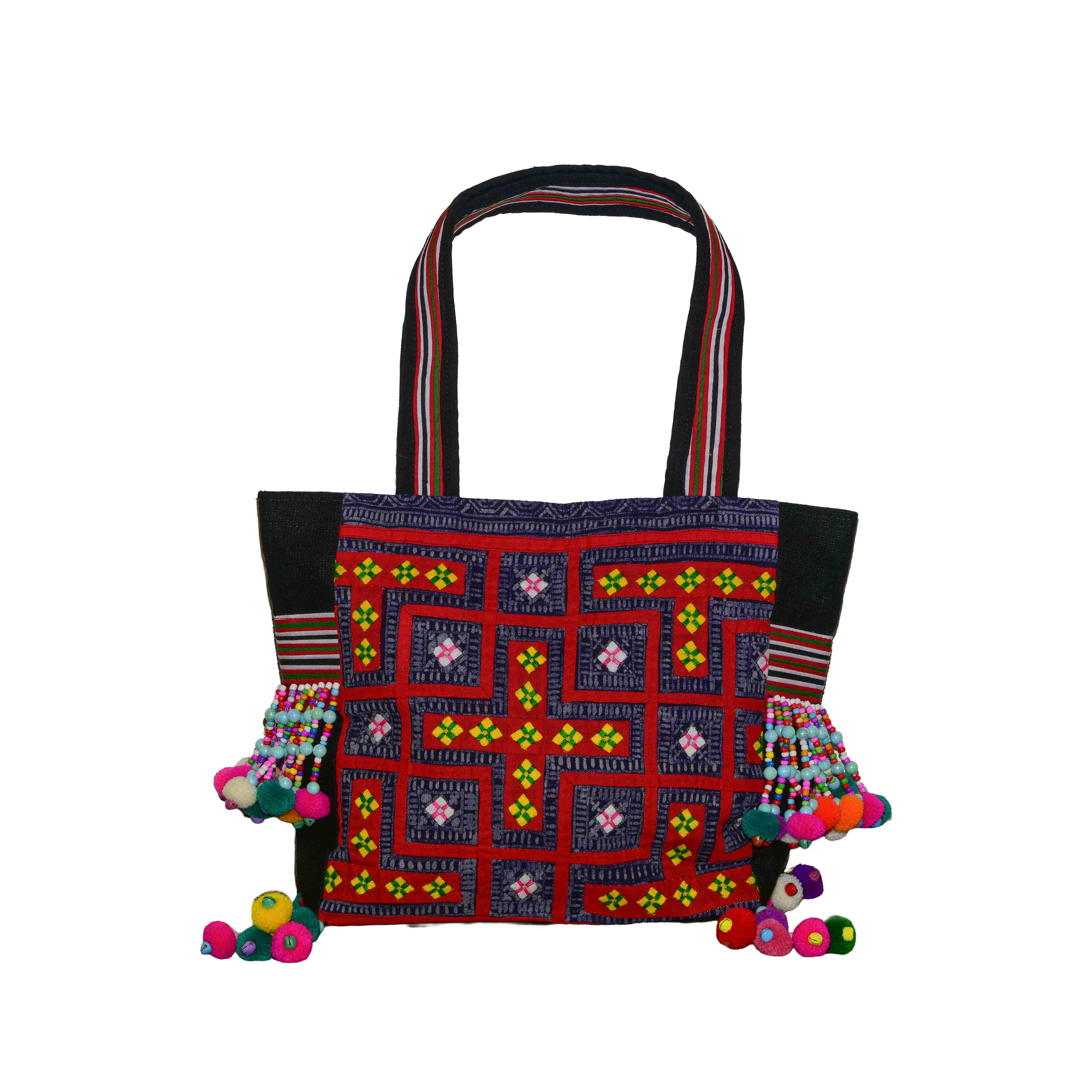 Handcrafted Hand-Embroidered-Hill Tribe Fabric Shoulder Bag with pom-poms and beaded tassels from Chiang Rai Thailand - Lalanna Design