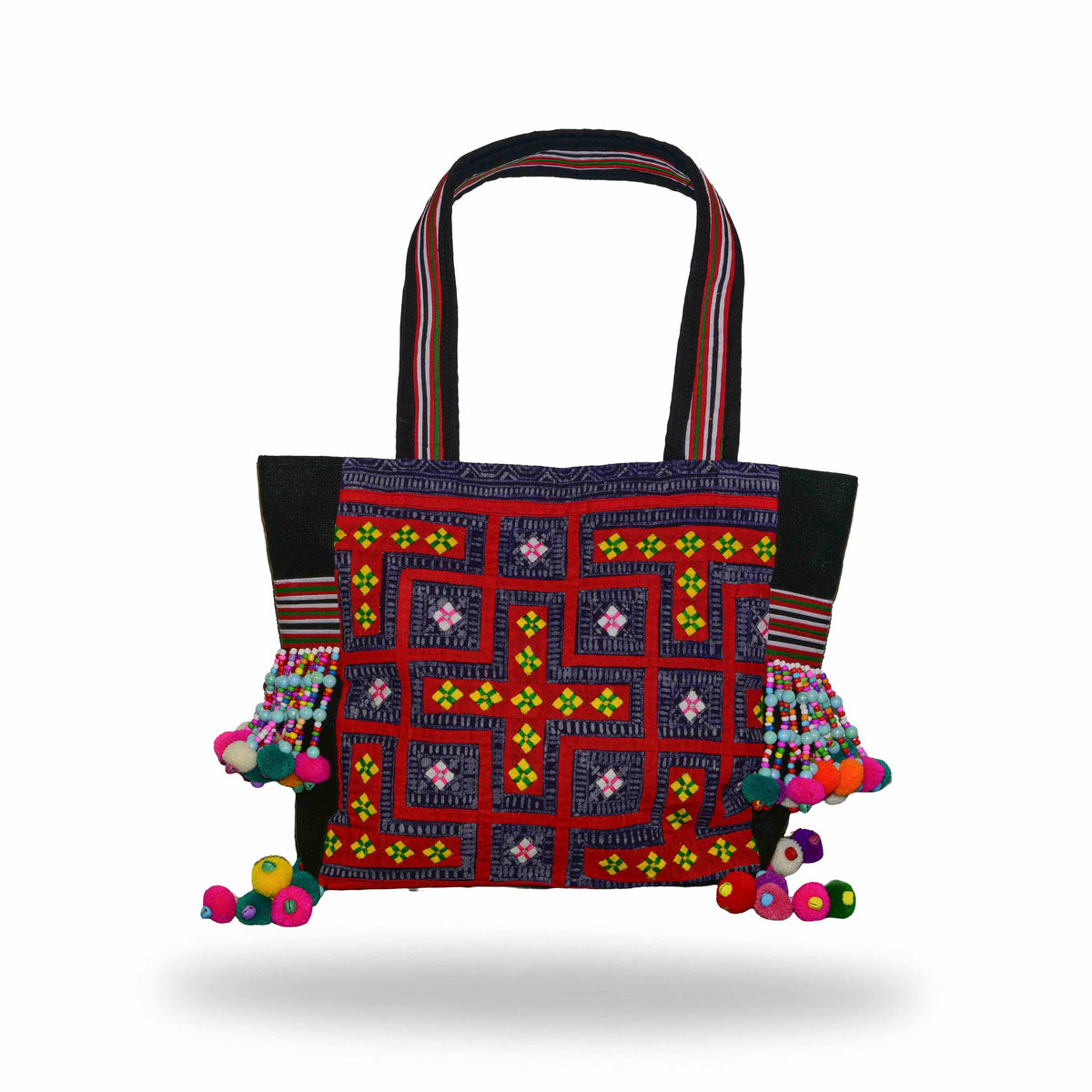 Handcrafted Hand-Embroidered-Hill Tribe Fabric Shoulder Bag with pom-poms and beaded tassels from Chiang Mai Thailand - Lalanna Design