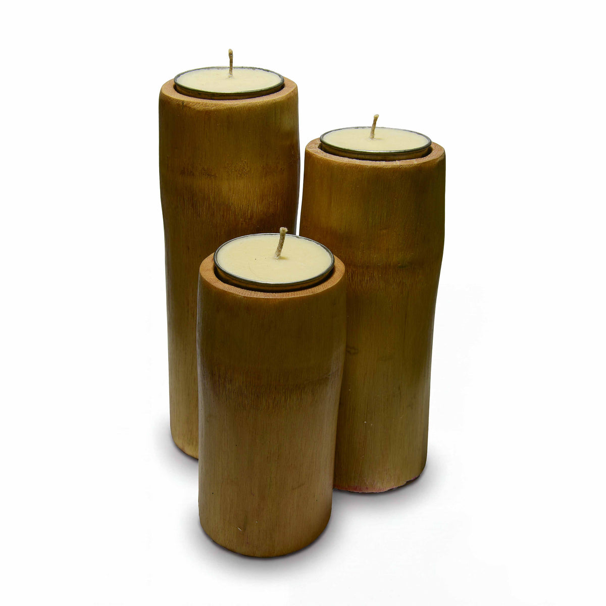 Handcrafted Handcrafted Natural Color Bamboo Tealight Candle Holders Set of 3 - Natural Lemongrass Rice Wax from Chiang Mai Thailand - Lalanna Design