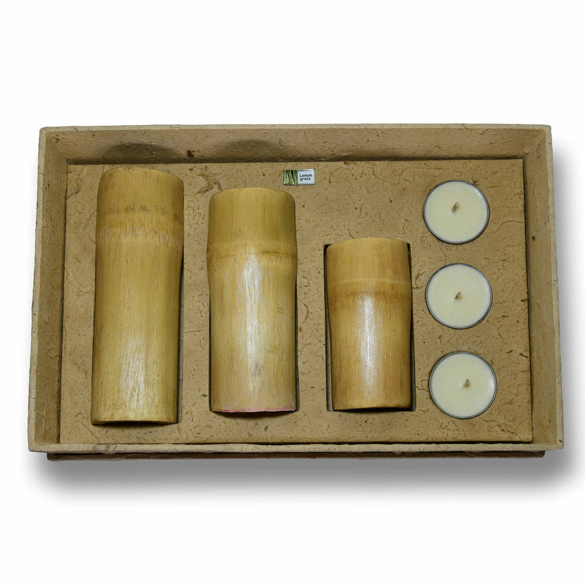Handcrafted Handcrafted Natural Color Bamboo Tealight Candle Holders Set of 3 - Natural Lemongrass Rice Wax from Chiang Mai Thailand - Lalanna Design